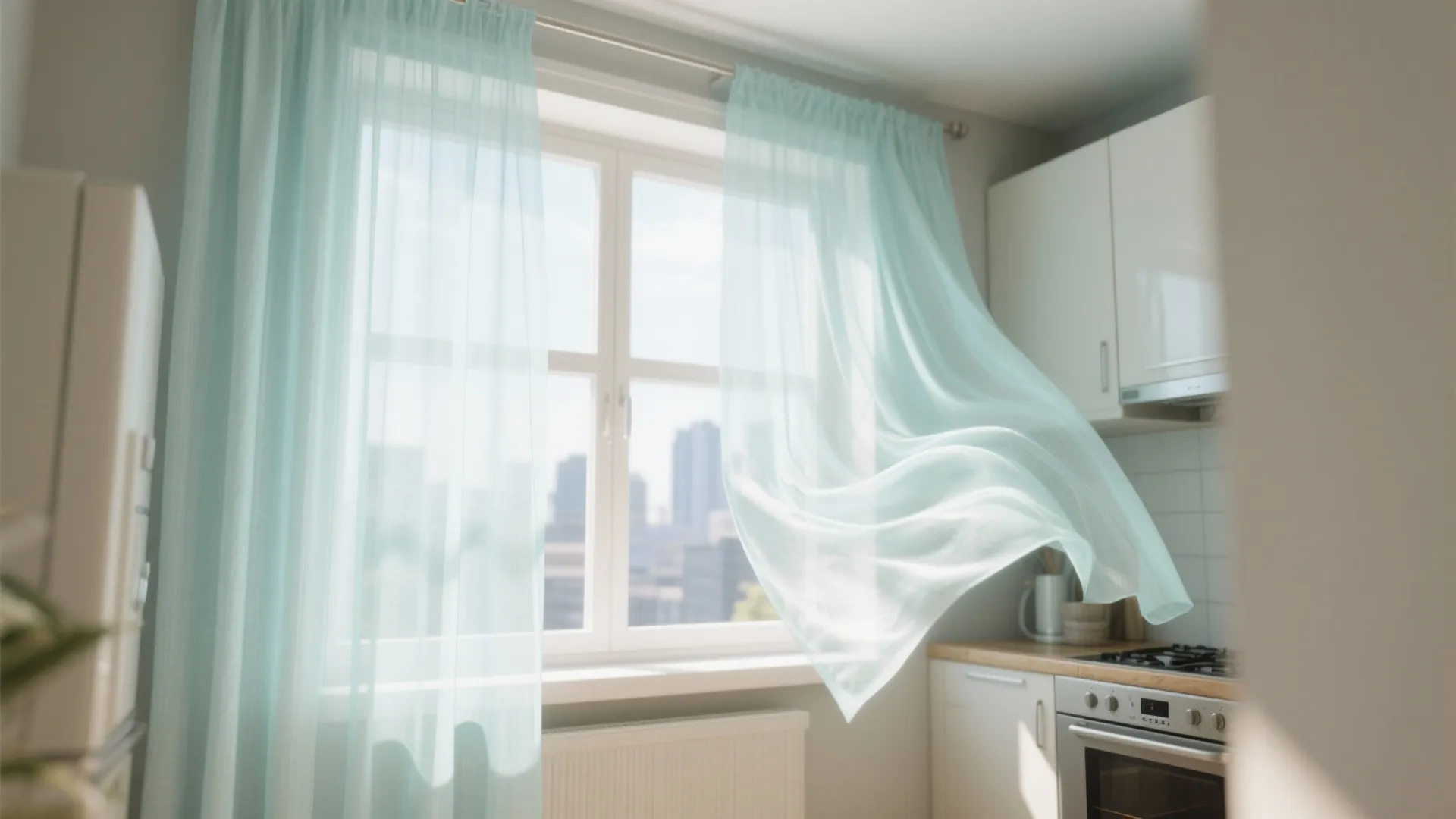 Bright kitchen with light blue curtains blowing in the wind white cabinets and city view window
