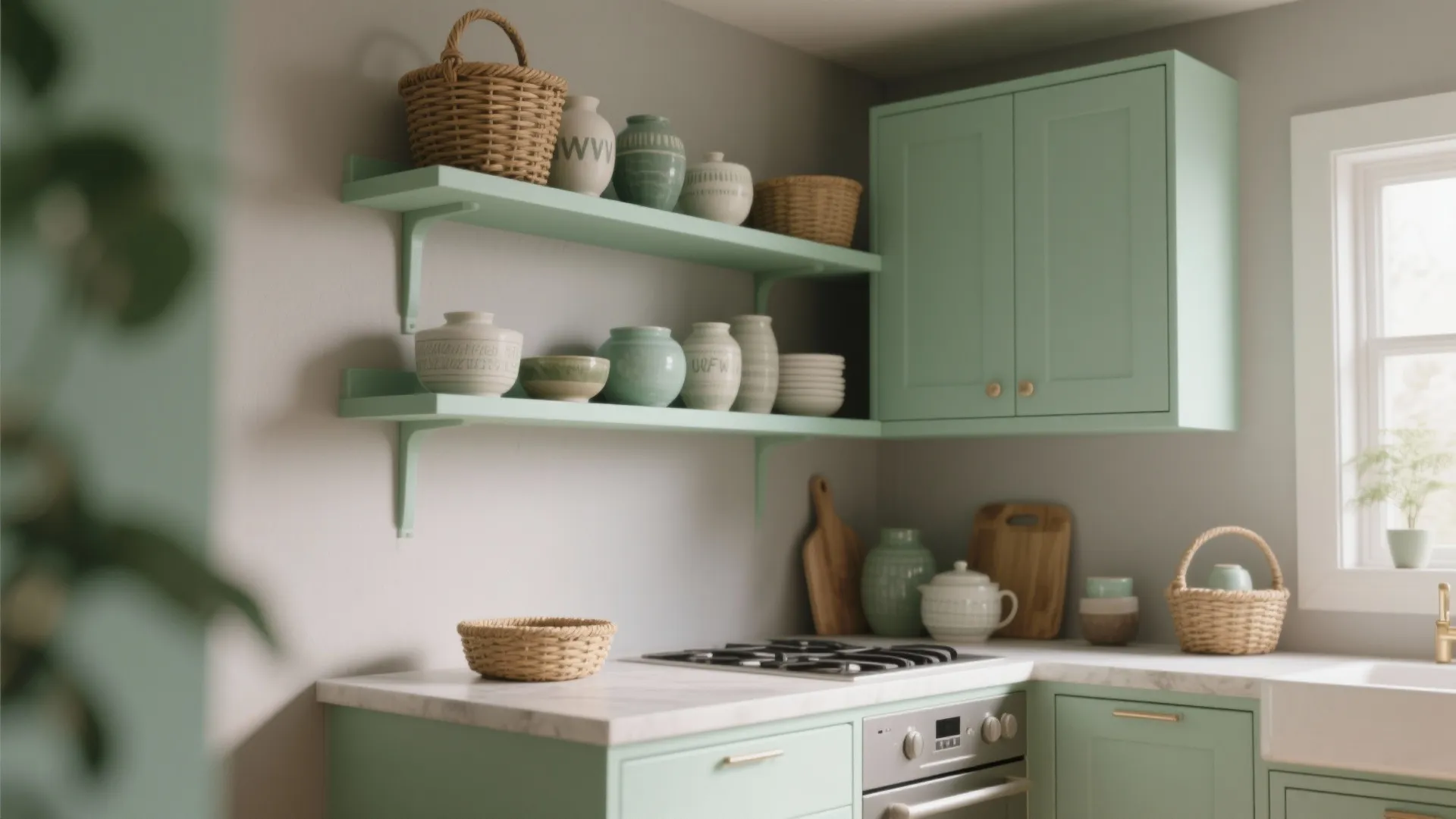 Mint green kitchen shelves and cabinet showing ceramic pots with woven baskets on a countertop