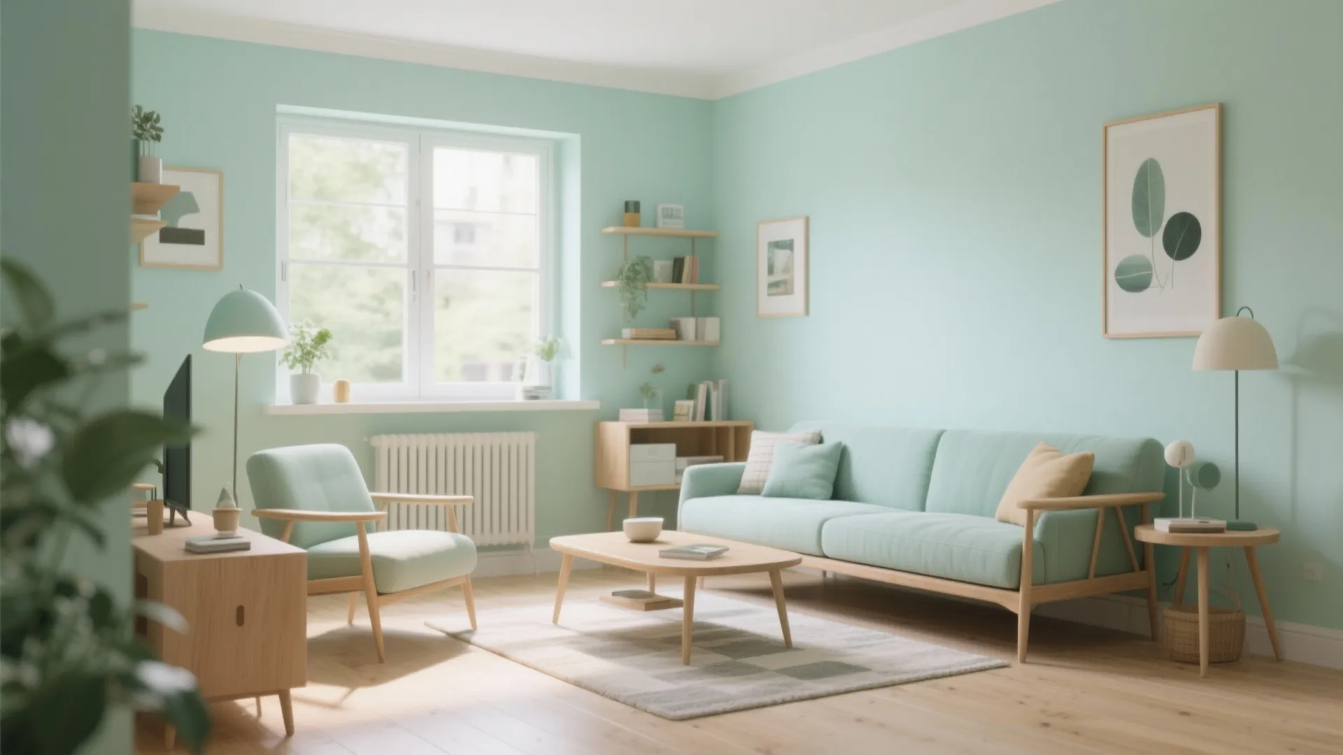 Small living room with mint green walls light blue sofa wooden coffee table and floor
