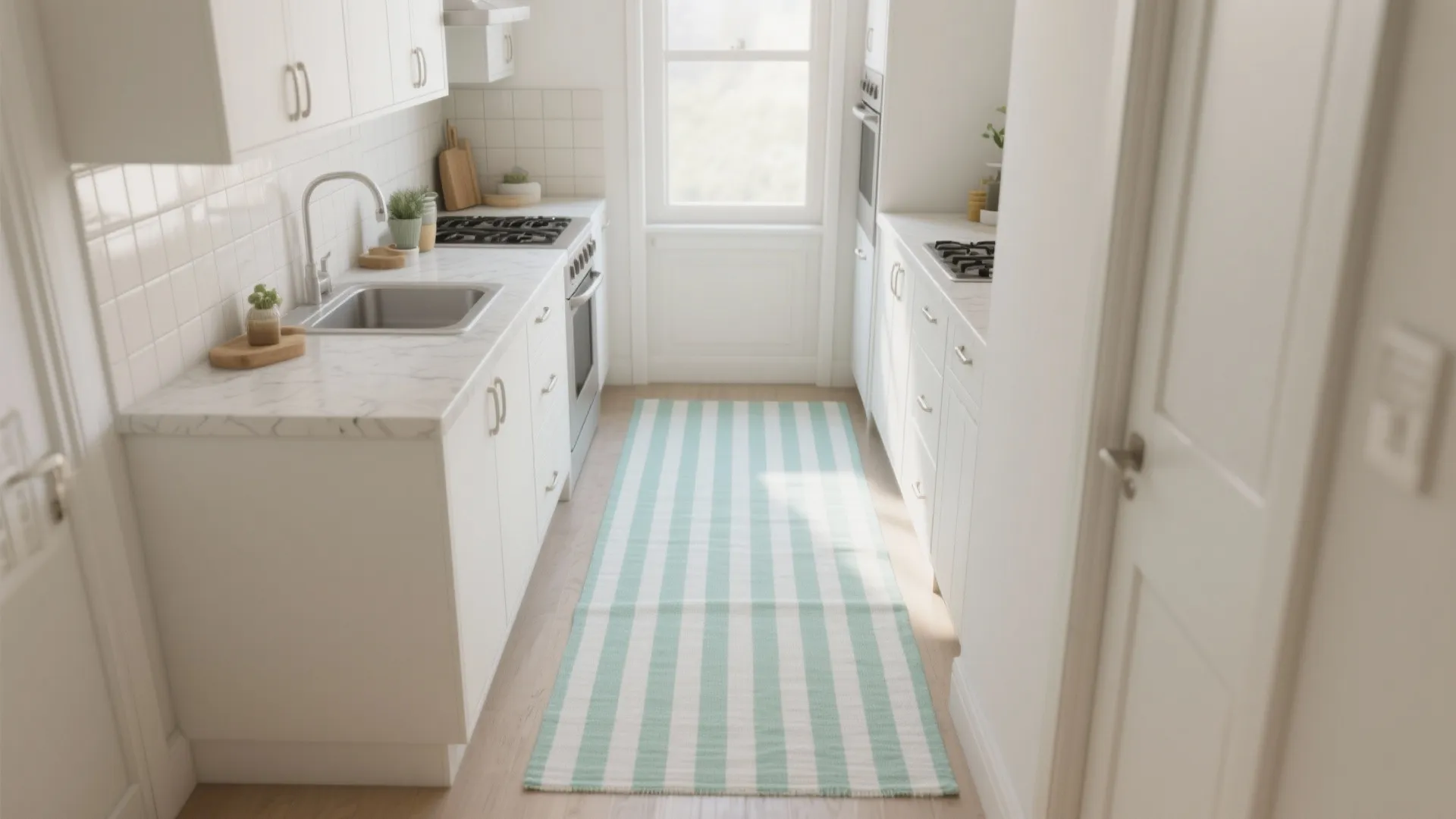 3. Mint striped runner to broaden narrow aisles