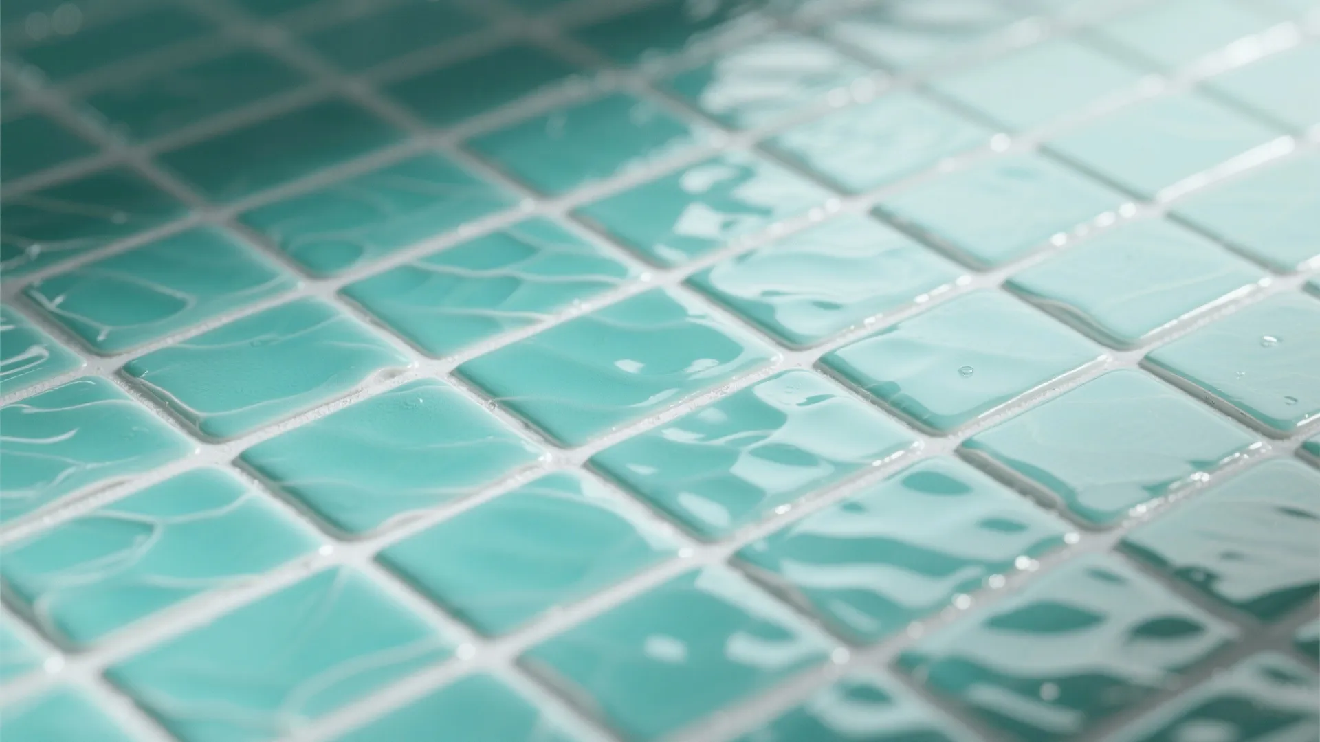 Close up of shiny light blue square wall tiles in a bathroom with white grout lines