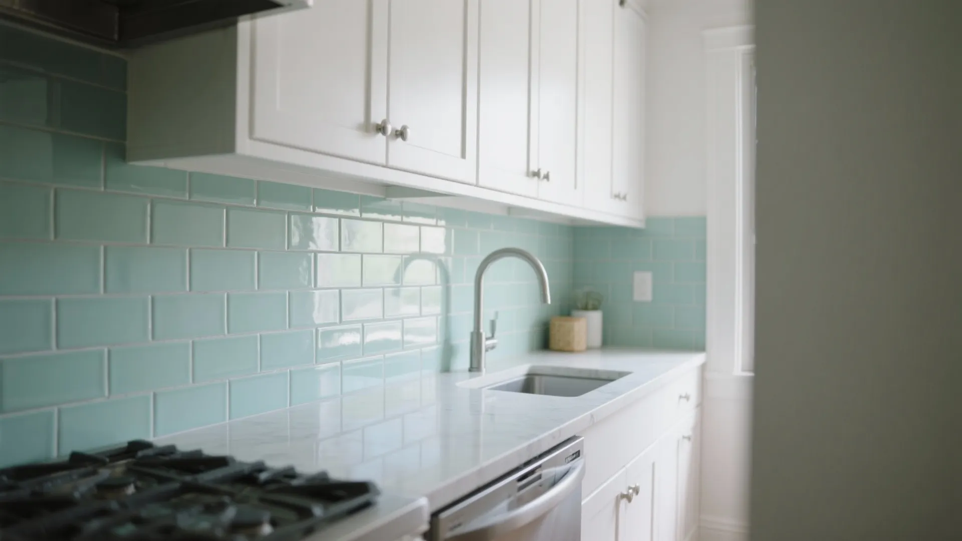 Modern kitchen with mint green wall tiles white cabinets marble countertop silver faucet and gas stove