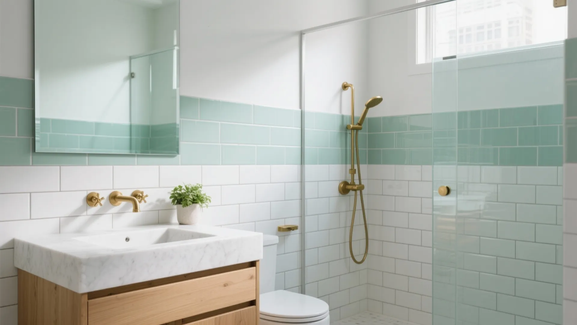 Mint subway tiles with crisp white grout