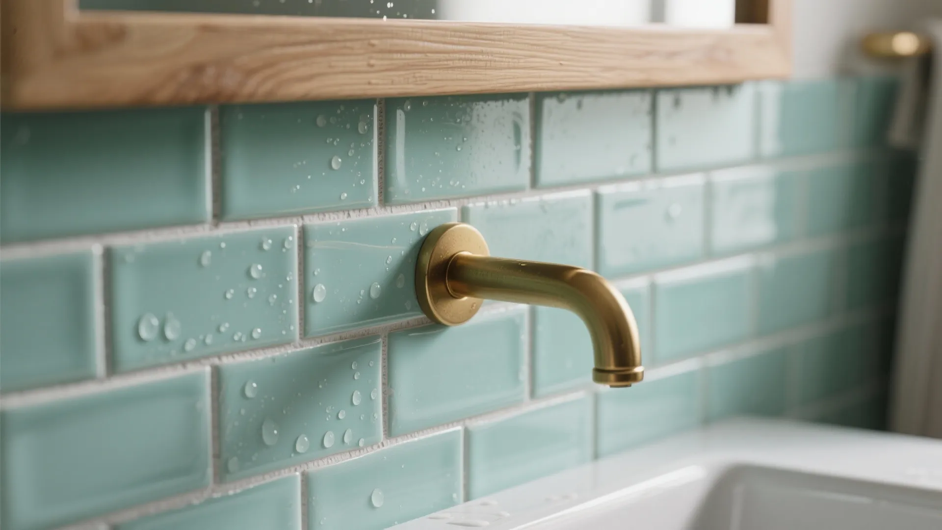 1. Mint Subway Tiles with Warm Wood Accents
