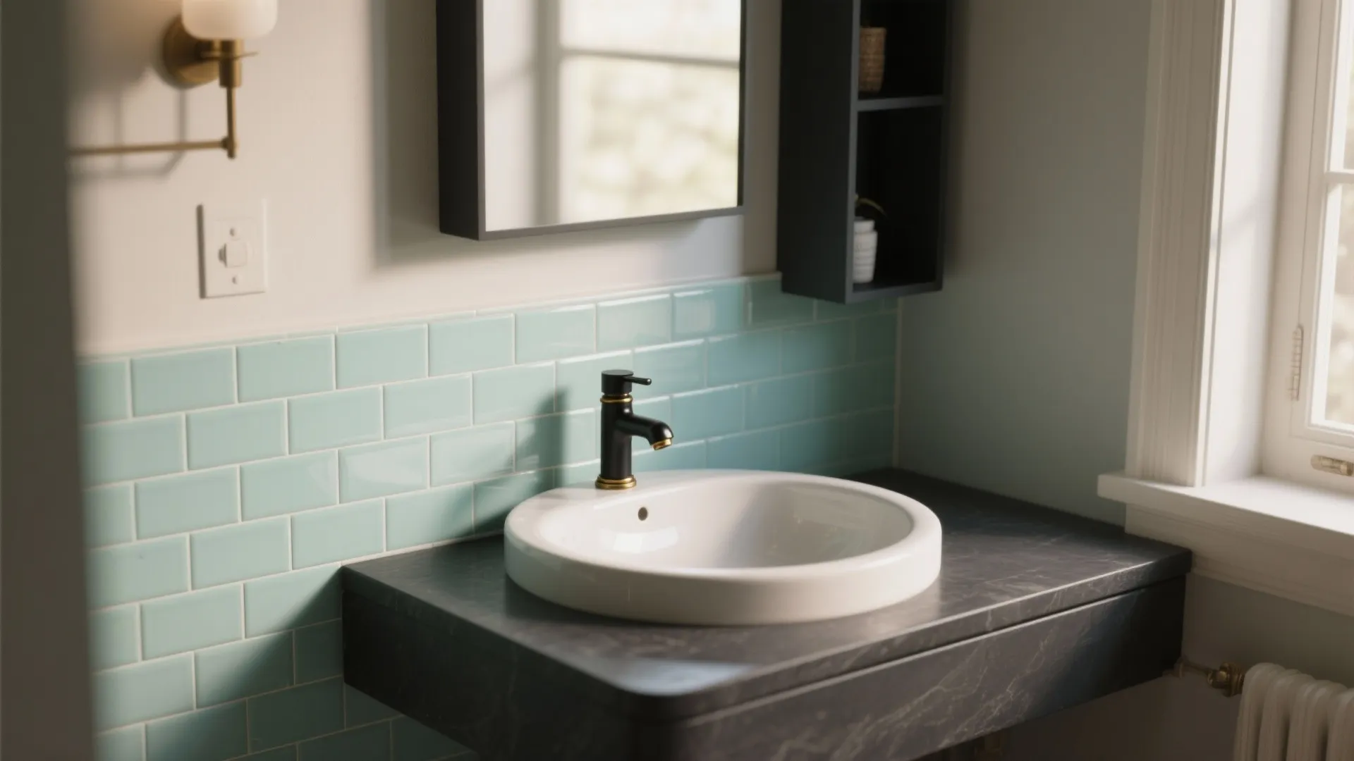 2) Mint Subway Tile Splash with Matte Gray Vanity