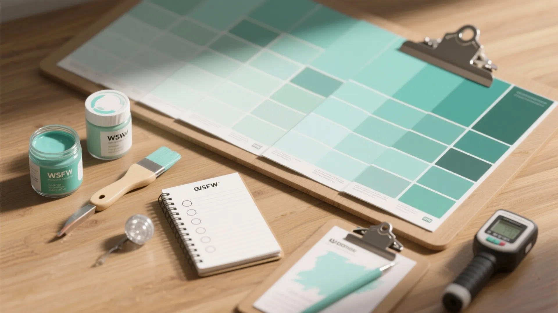 Flatlay of mint paint swatches, sample board and testing tools for choosing the right mint shade.