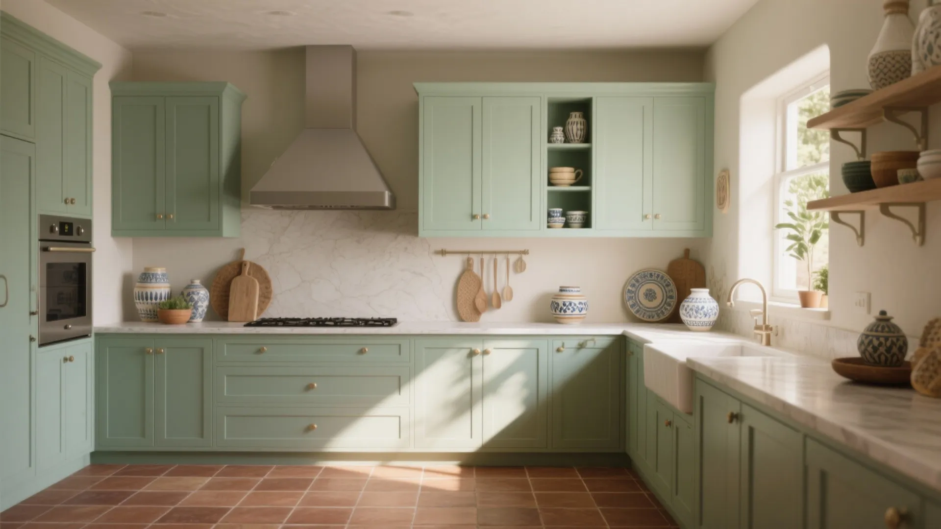 3. Mint upper cabinets + brown terracotta tiles