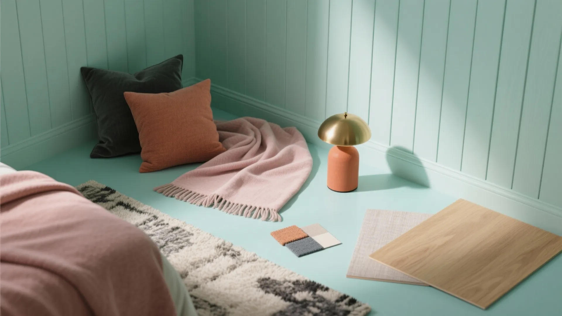 Flatlay of blush throw, charcoal pillow, terracotta accents and a mint sample board showing cozy layering ideas.