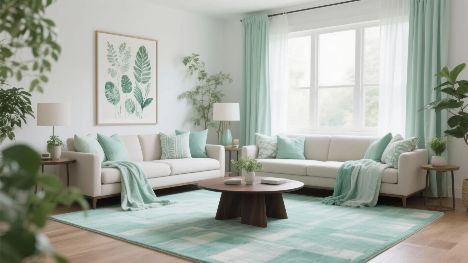 Bright living room with two white sofas mint green curtains matching rug and round table