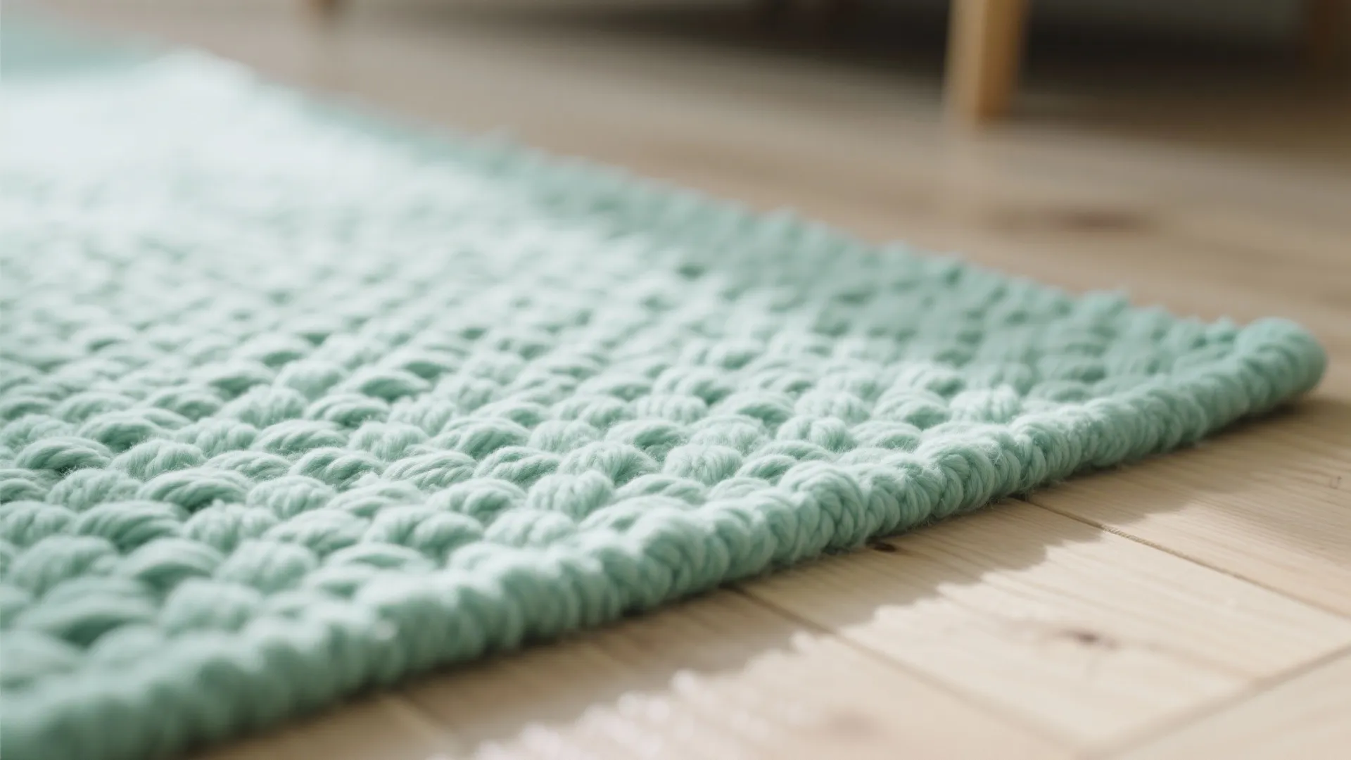 Close up of a green woven rug on a light wood floor in natural light