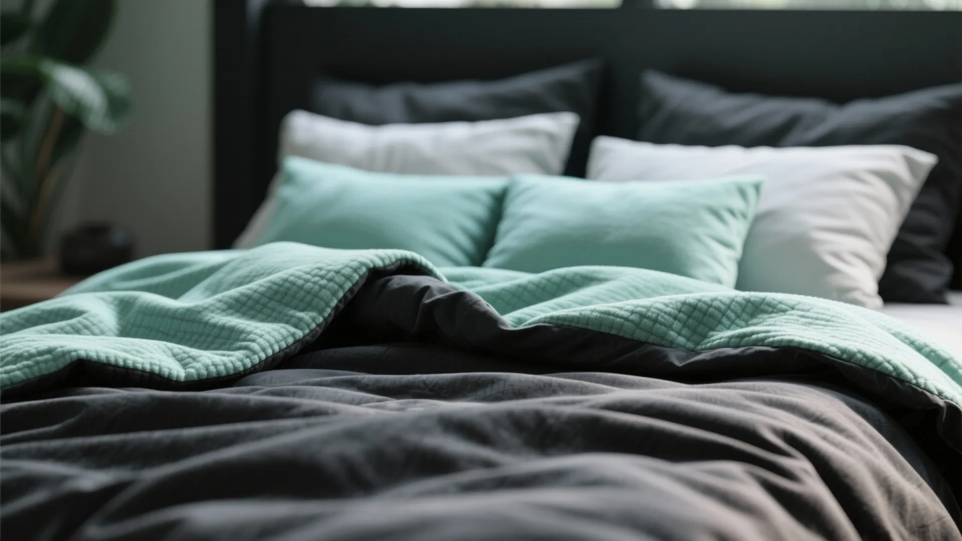 Layered bedding with mint throws on black duvet