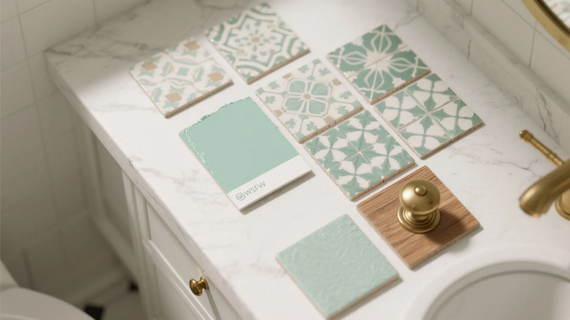 Top-down flatlay of mint paint swatch paired with small patterned tile samples and brass hardware.