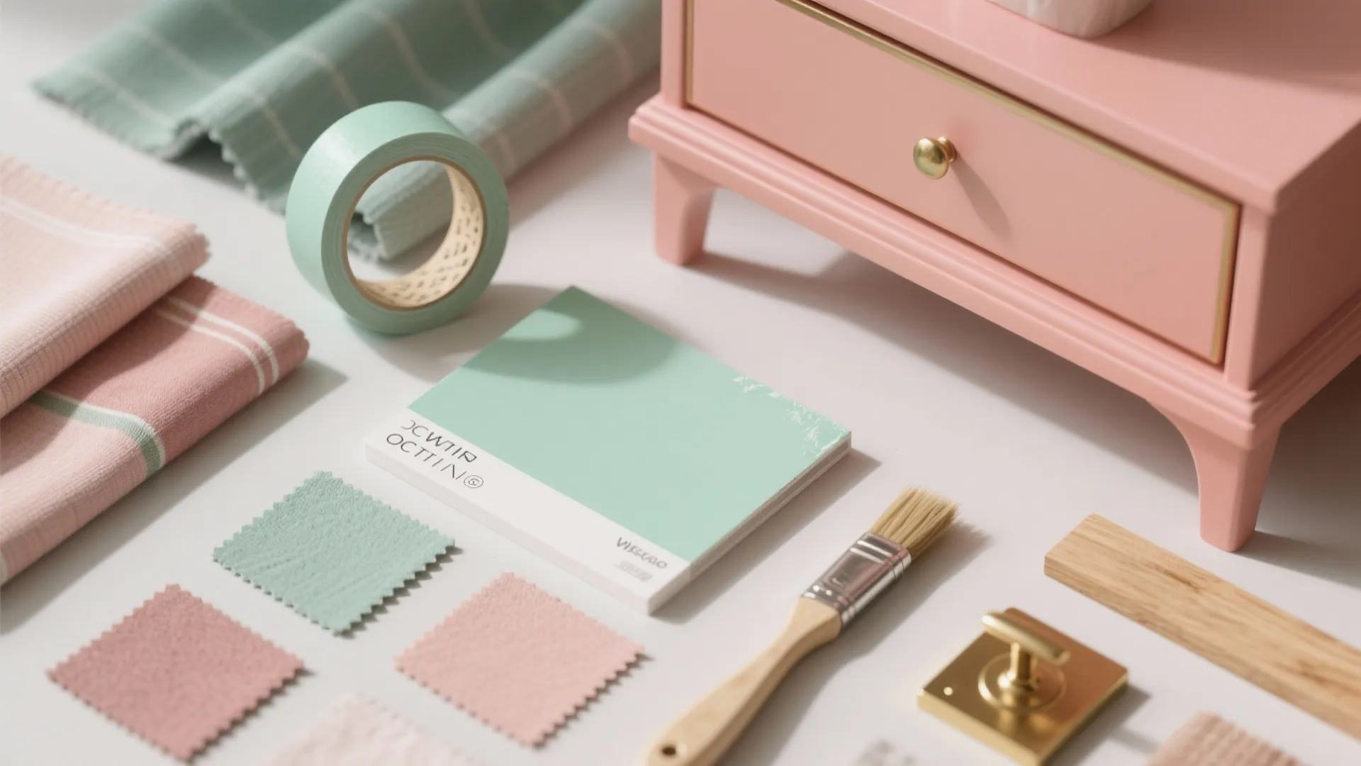 Interior design mood board with pink cabinet and mint green color palette samples and tools