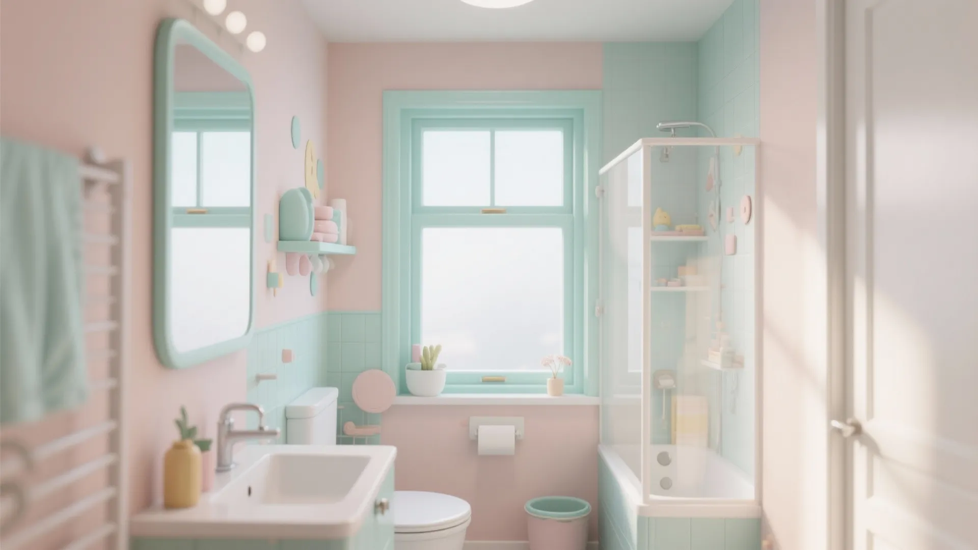 Pastel pink and mint green bathroom featuring white sink toilet glass shower and wooden window
