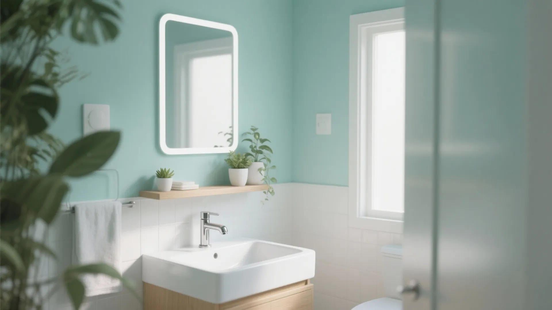 Small bathroom with a pale teal vanity wall and white fixtures