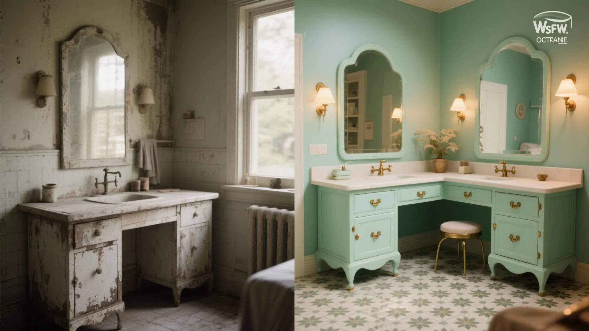 Before and after comparison of old broken bathroom versus new mint green vanity and mirrors