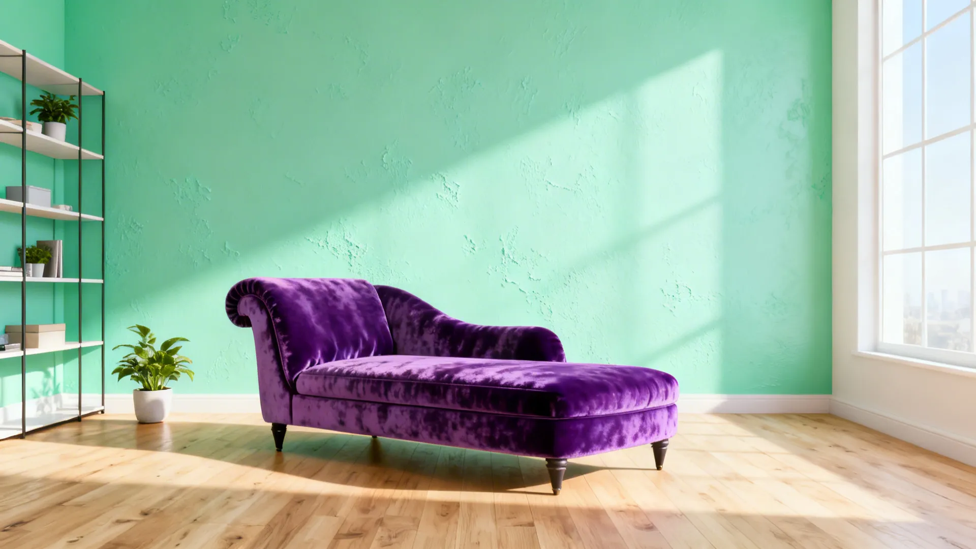 Small apartment with mint green walls and a violet chaise lounge as a focal piece