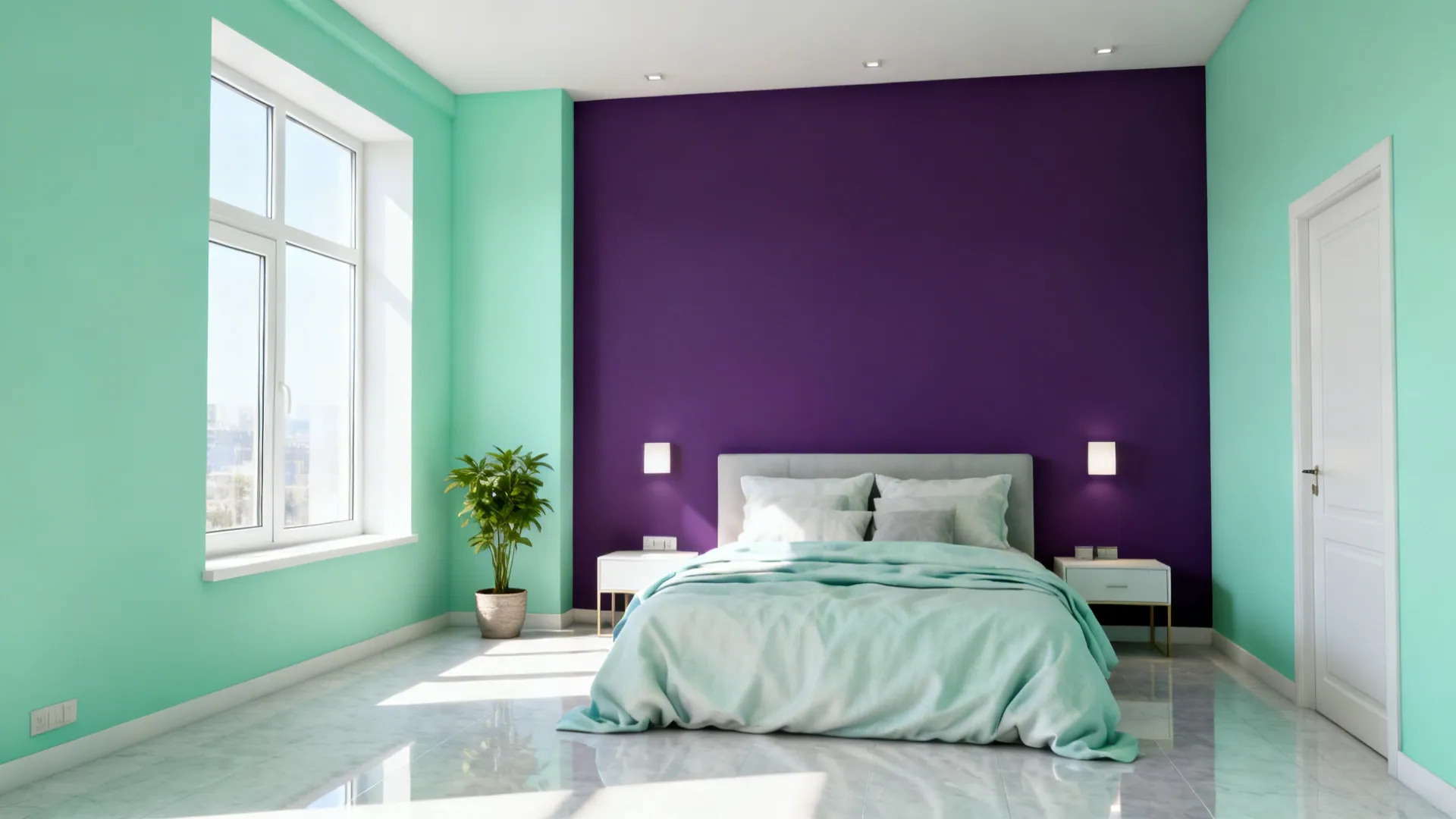 Small bedroom with mint walls and a deep violet focal wall behind the bed