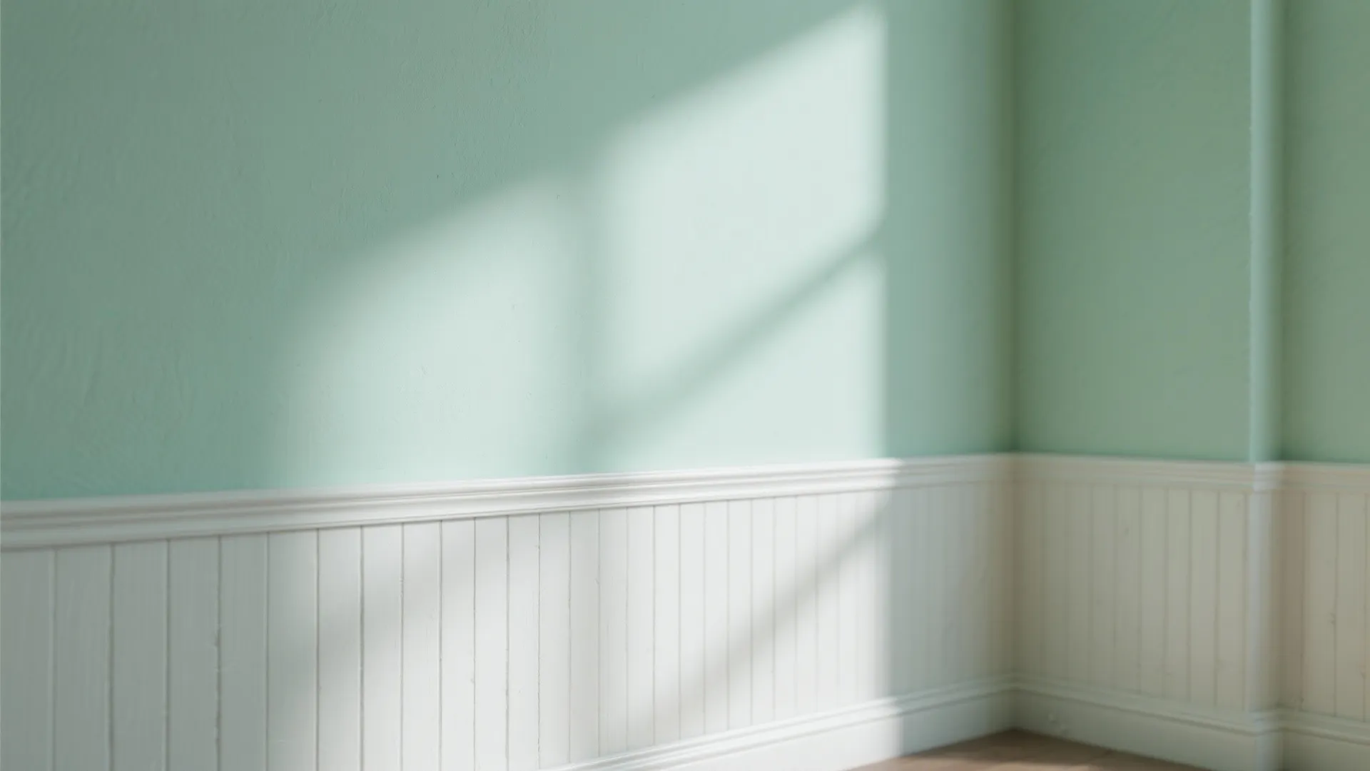 Mint green wall with white wainscoting and satin-finish trim showing molding details