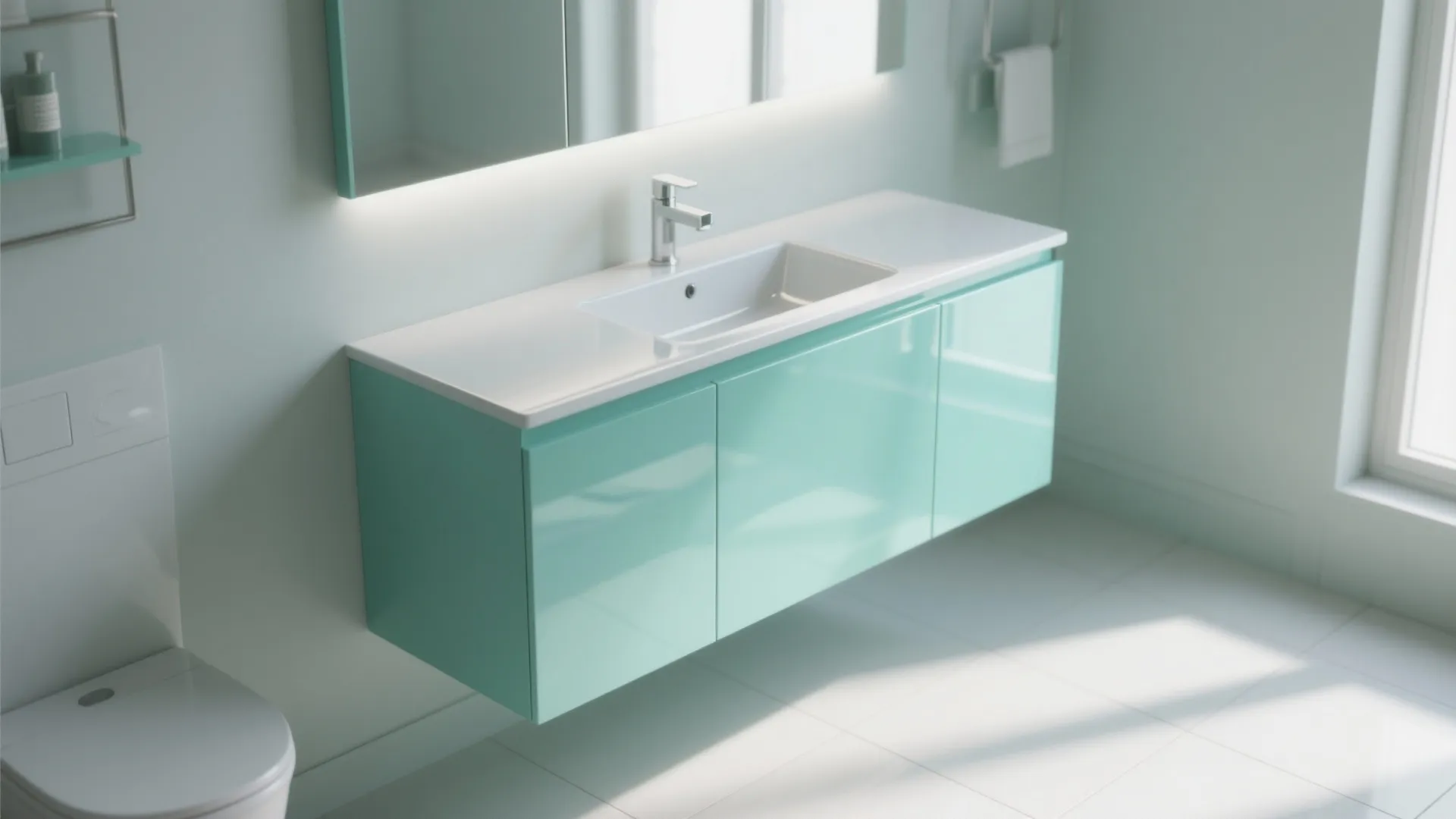 5. Glossy Mint Wall-Mounted Vanity for Small Baths