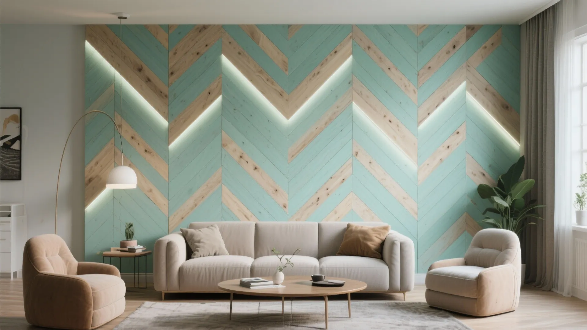 Modern living room featuring mint green and wood wall panel with sofa and coffee table