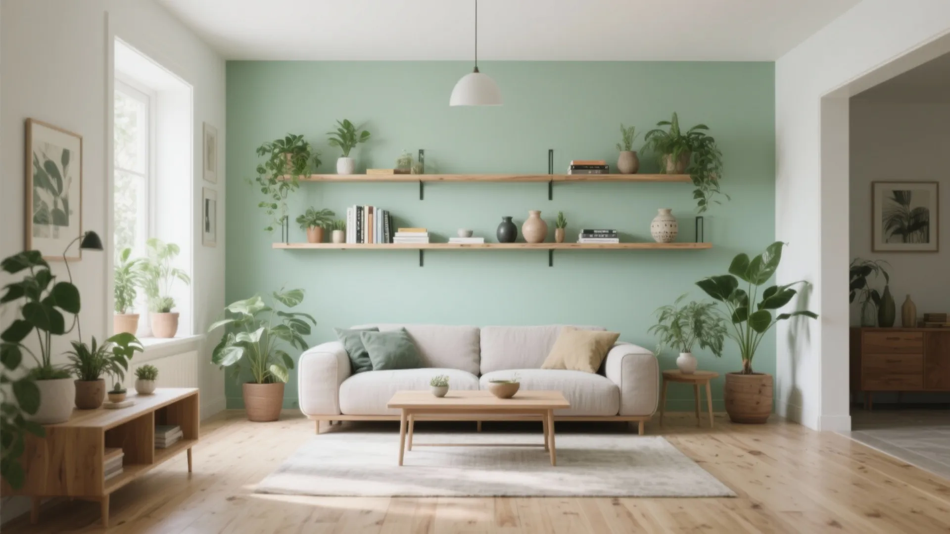Mint green accent wall with wooden shelves holding plants and books above a white sofa