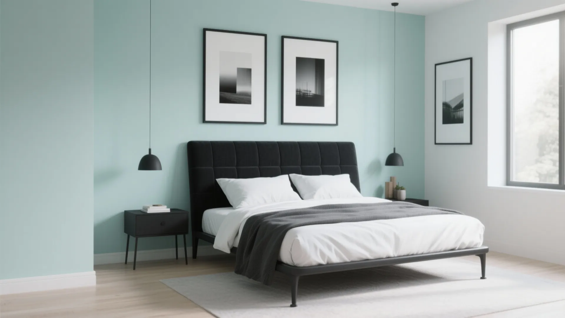 Bedroom with mint walls and black accent details