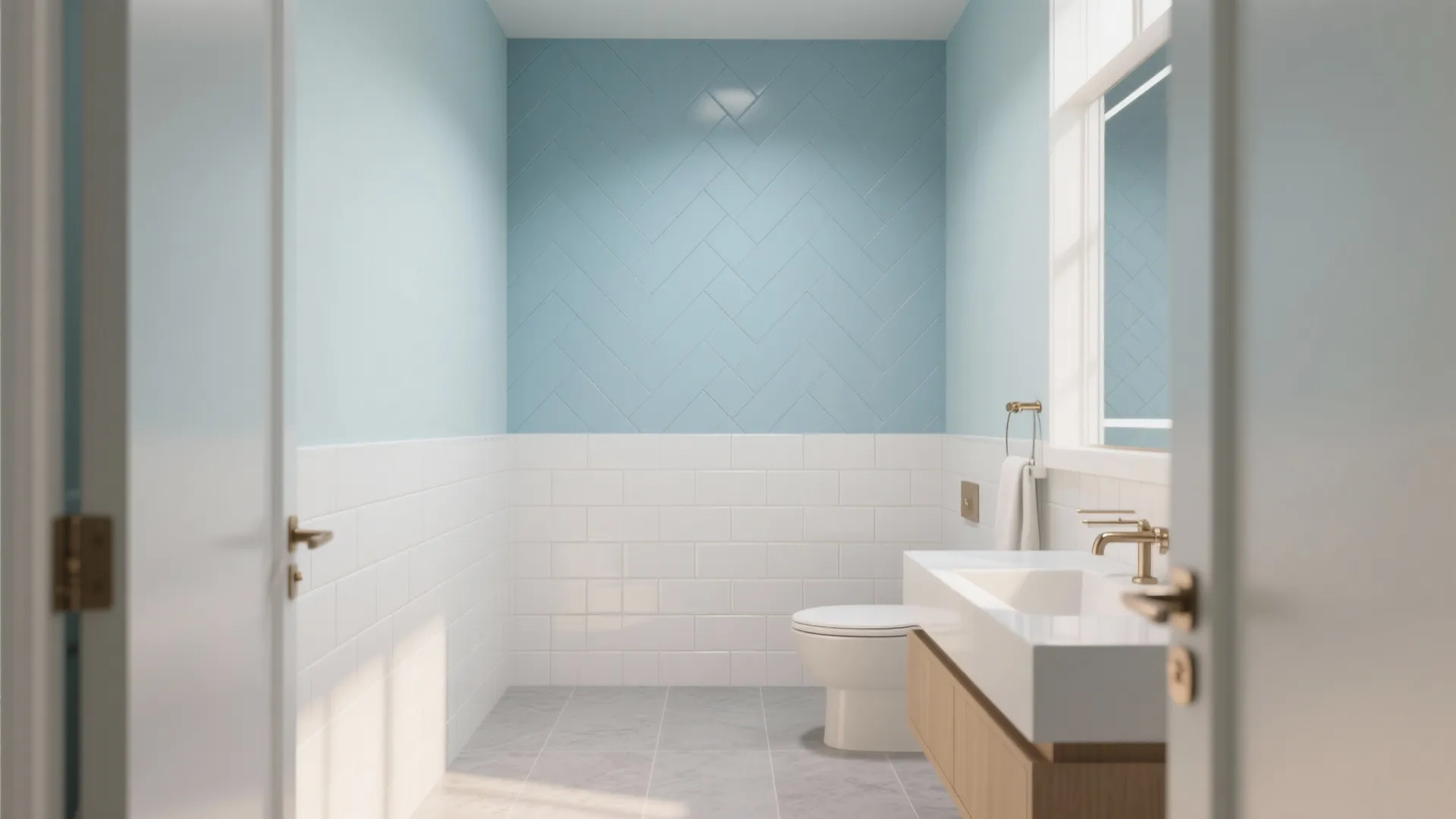 Bathroom view through a doorway showing light blue walls and white wall panel with vanity