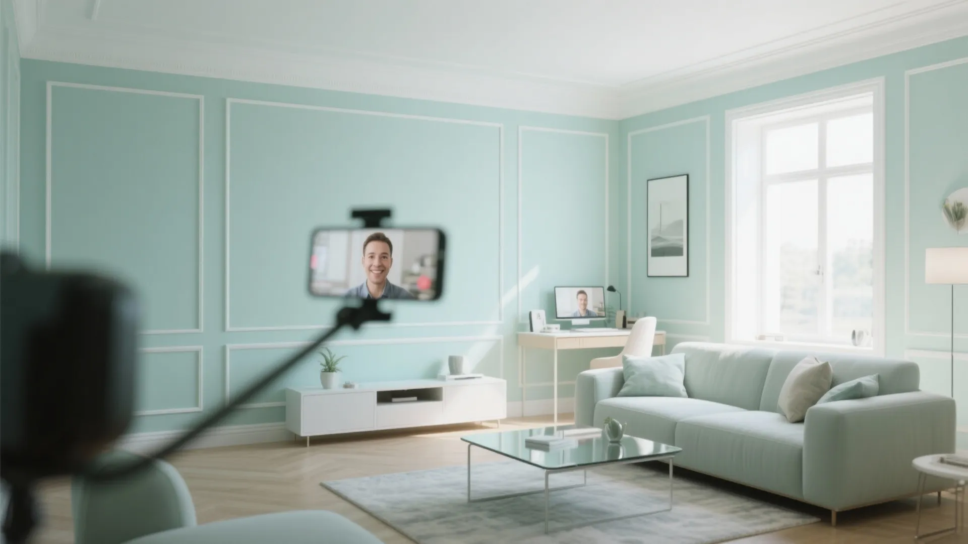 Mint green living room with wall panel white sofa glass coffee table and video recording setup