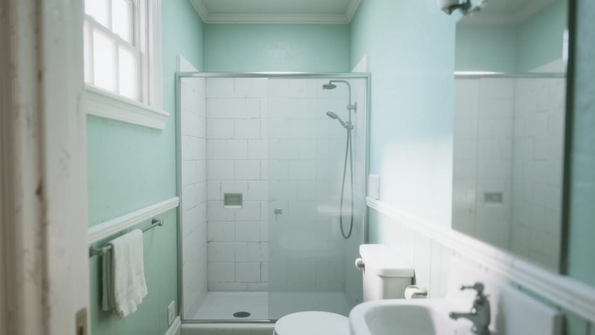 Light green bathroom showing glass shower door white subway tiles white sink and white wall panel