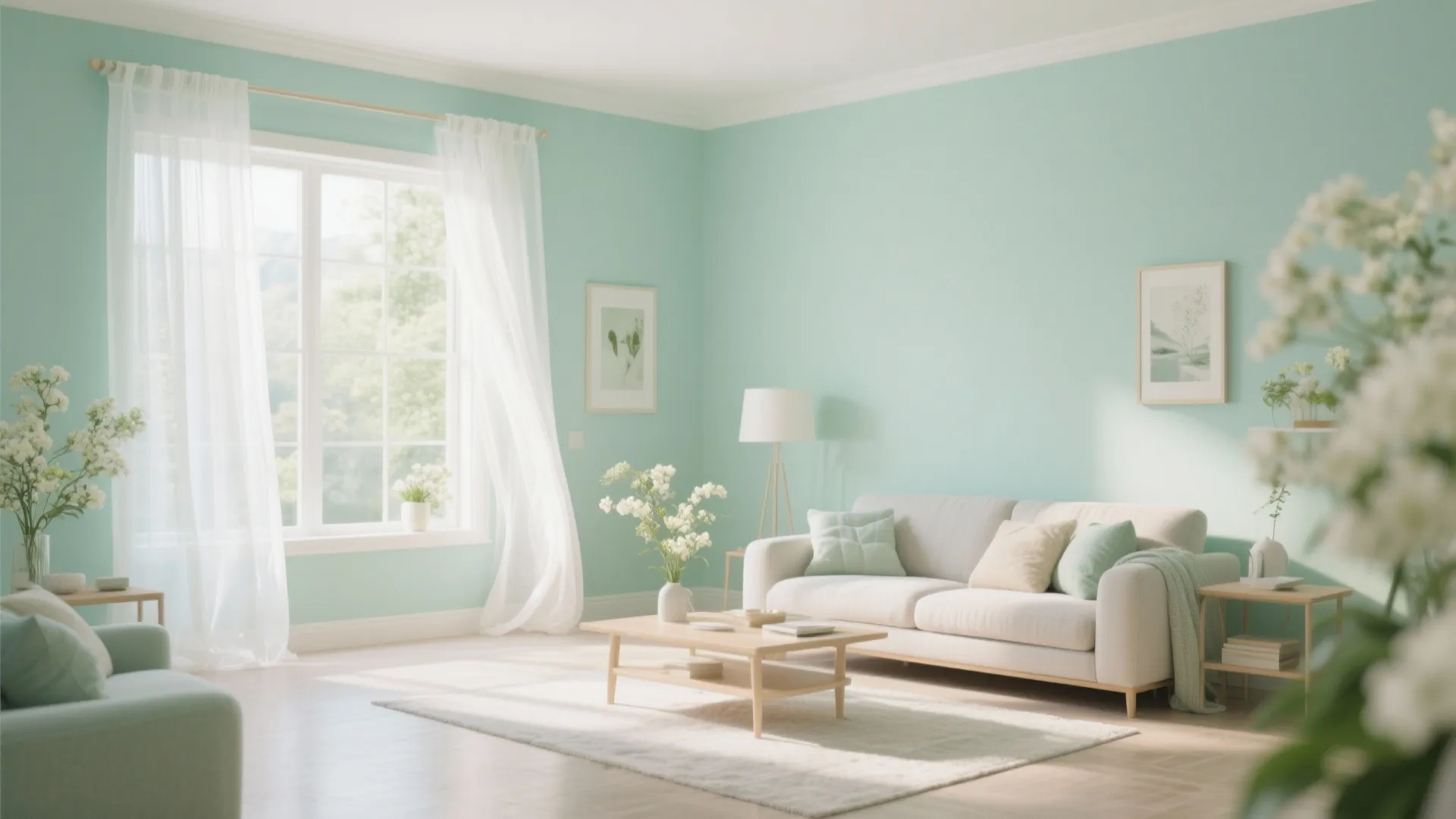 Soft Mint with Sheer White Curtains
