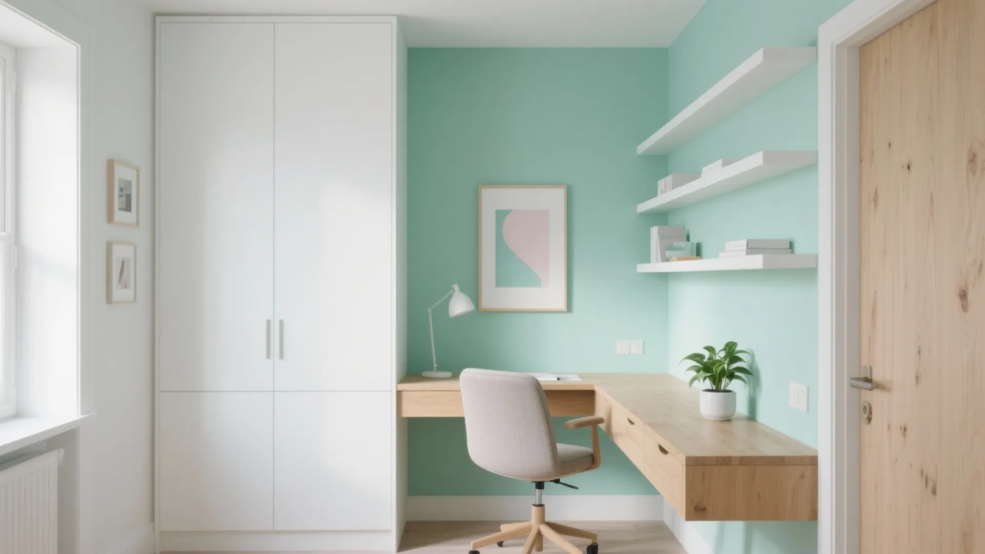 Mint Green + Crisp White + Light Oak
