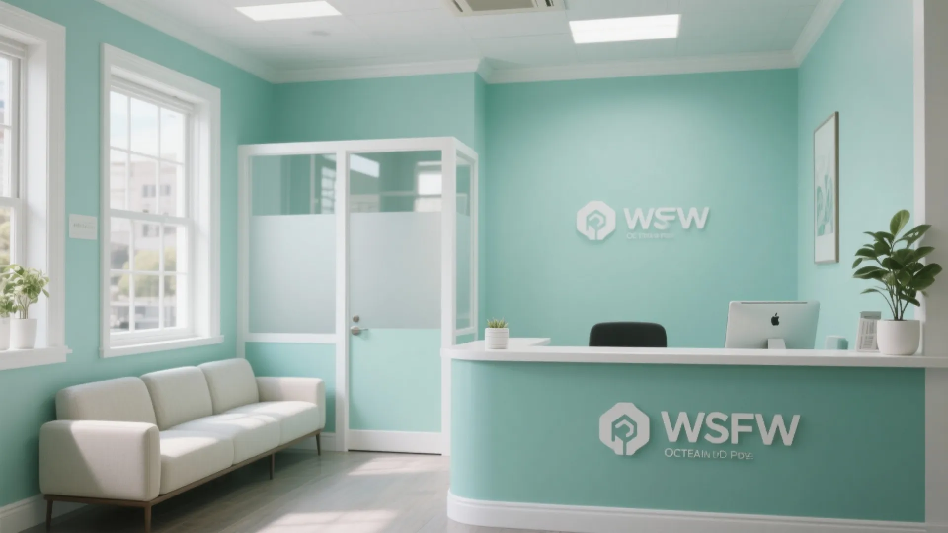 Modern office reception area with mint green walls white sofa curved desk and large windows