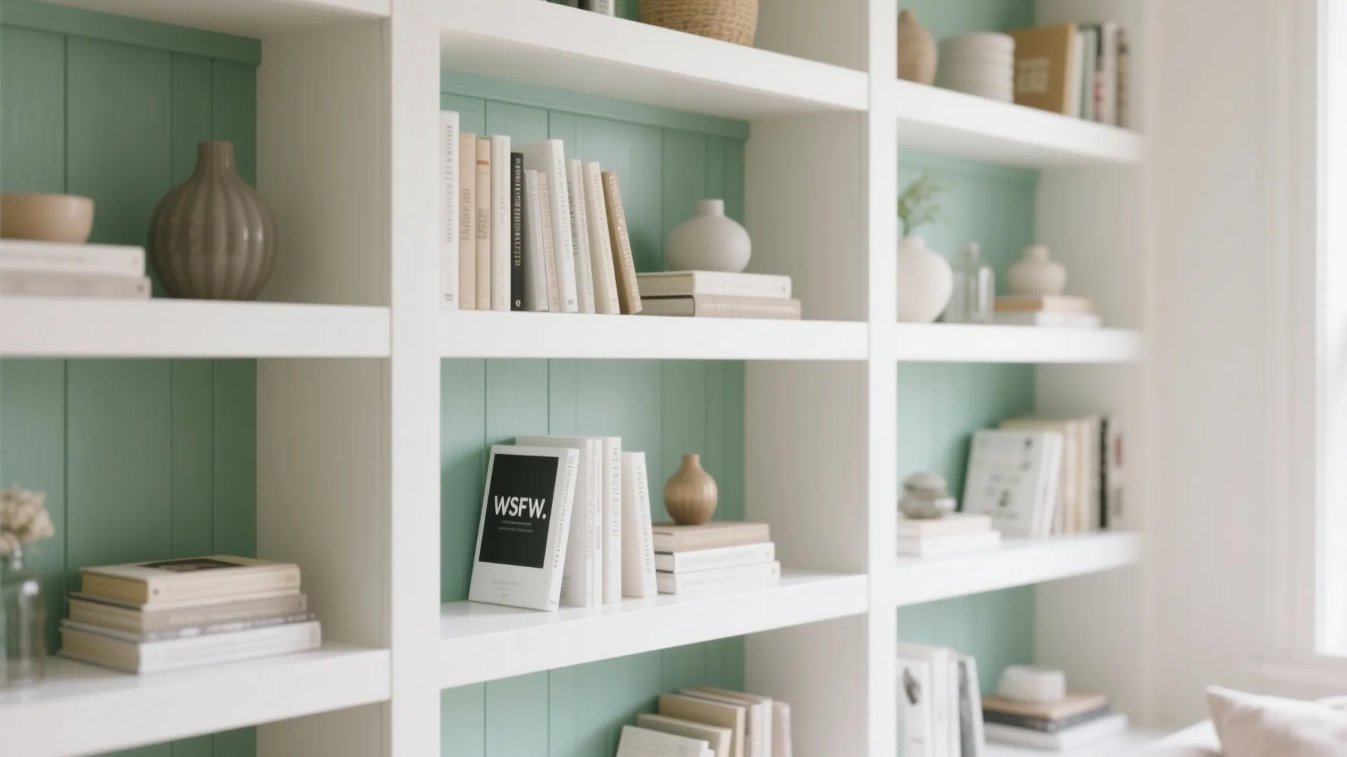 White wall shelves with green panel backing holding various books and simple modern ceramic vases