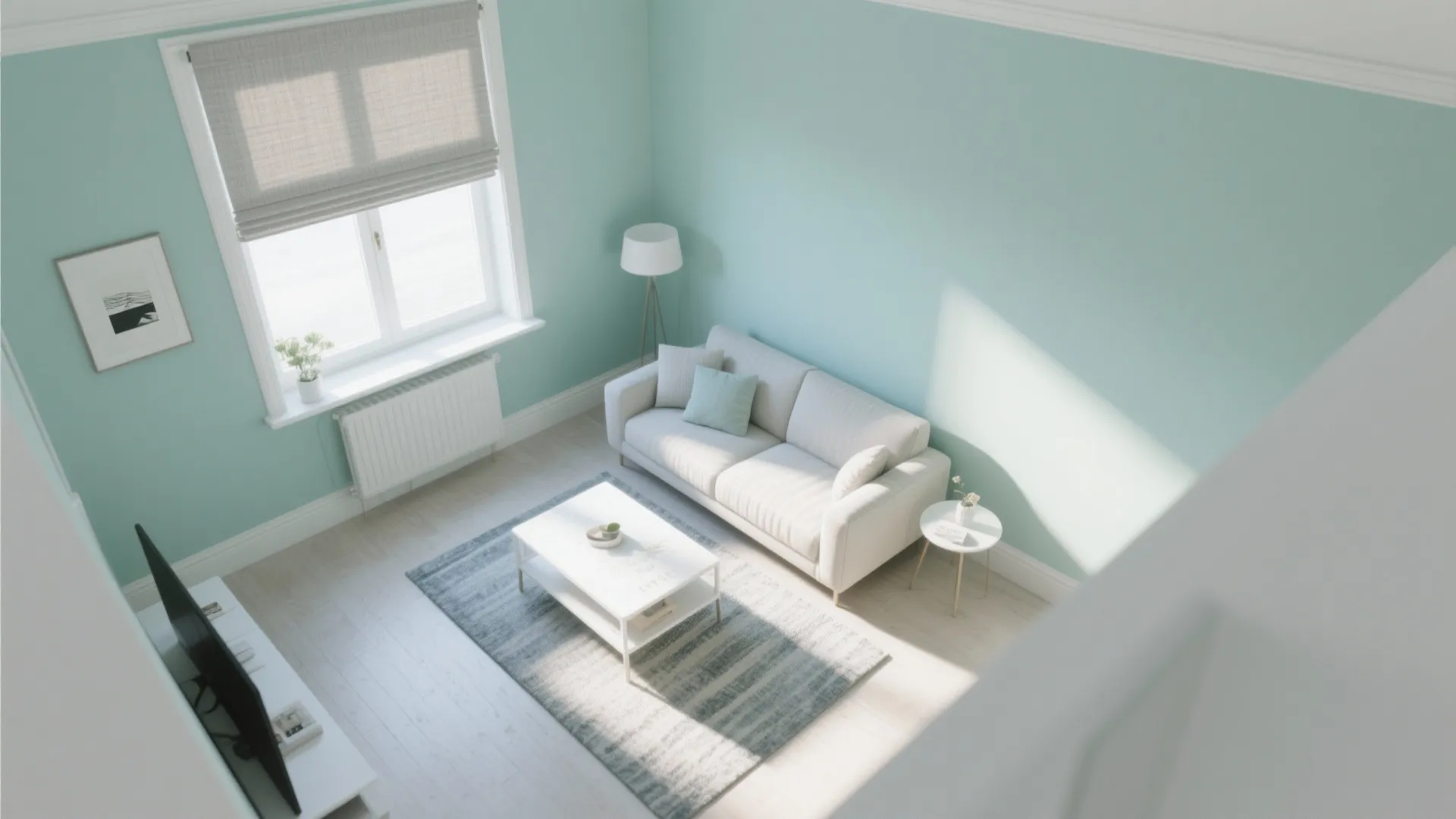 Mint green living room interior design drawing with white sofa coffee table and light fixture