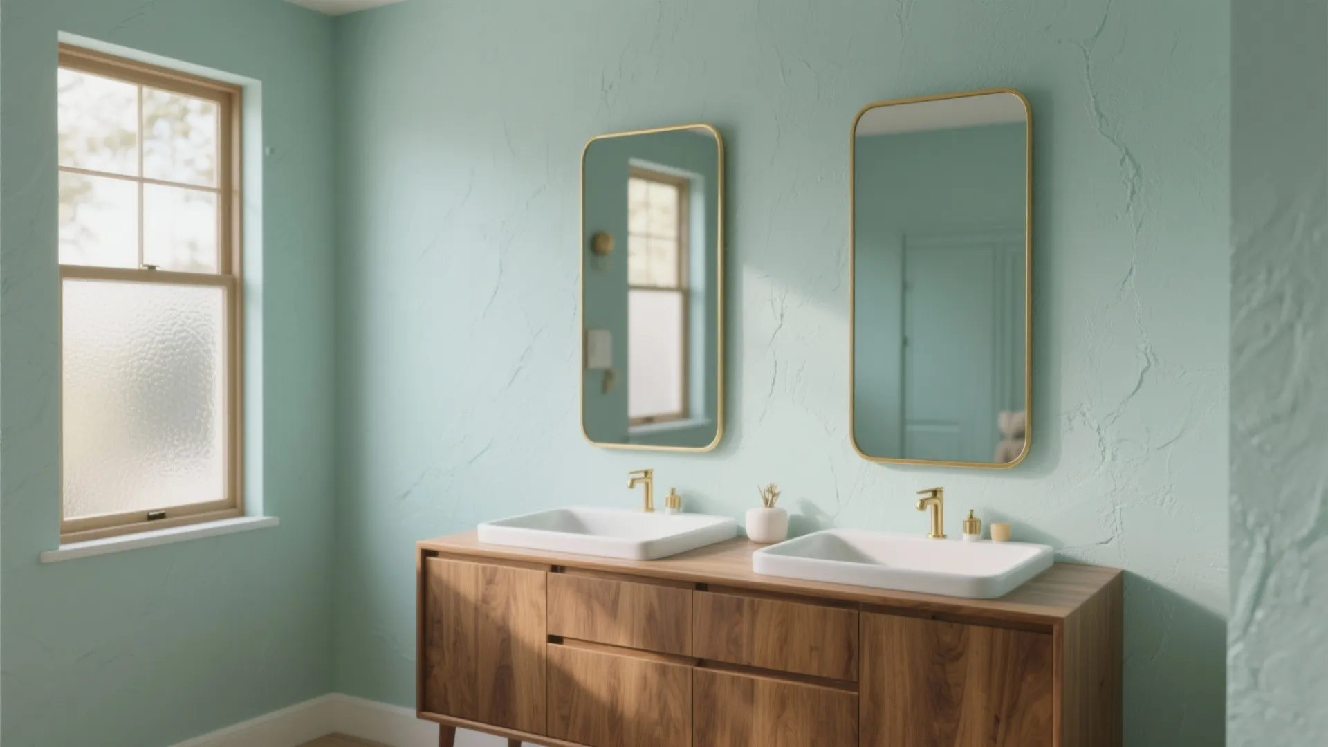 1. Soft Mint Walls + Warm Wood Accents