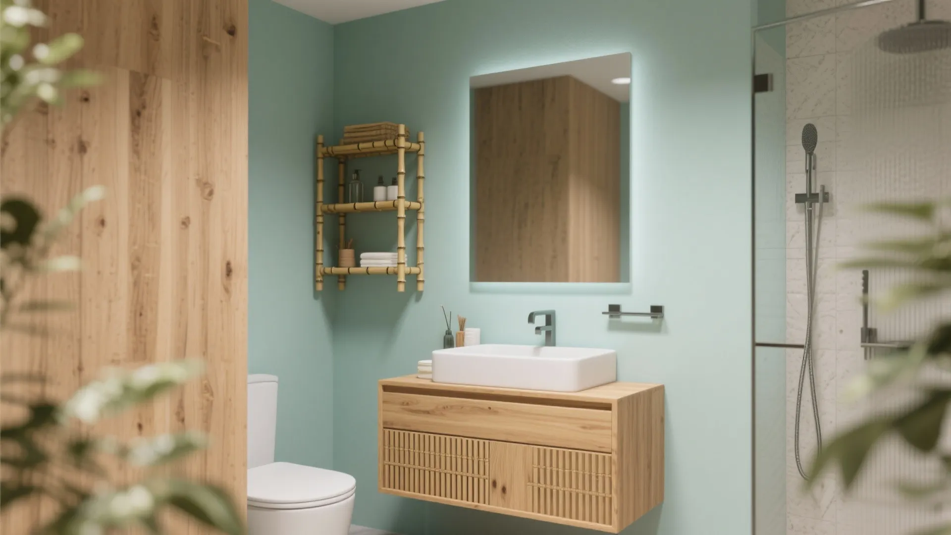Muted mint walls with a natural wood vanity and bamboo shelves in a warm bathroom scene.