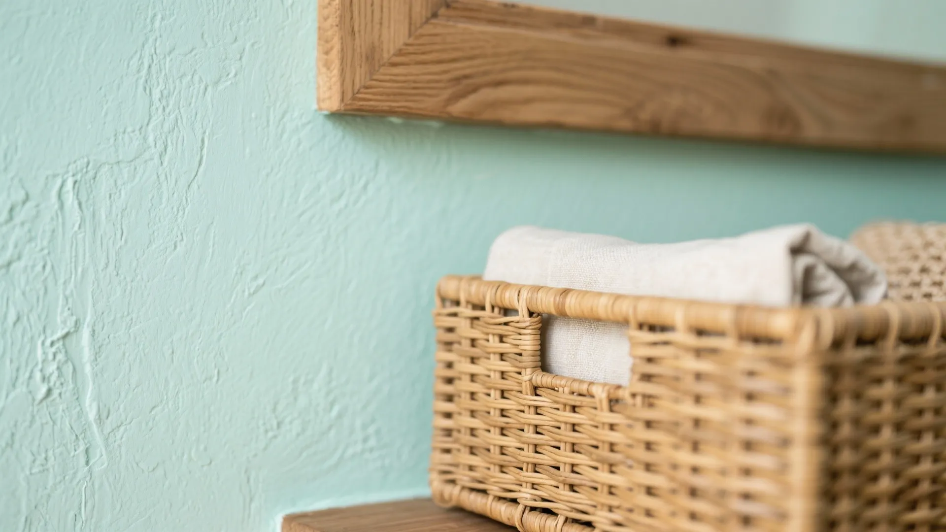 Close up view of a woven storage basket with white towels near a green wall