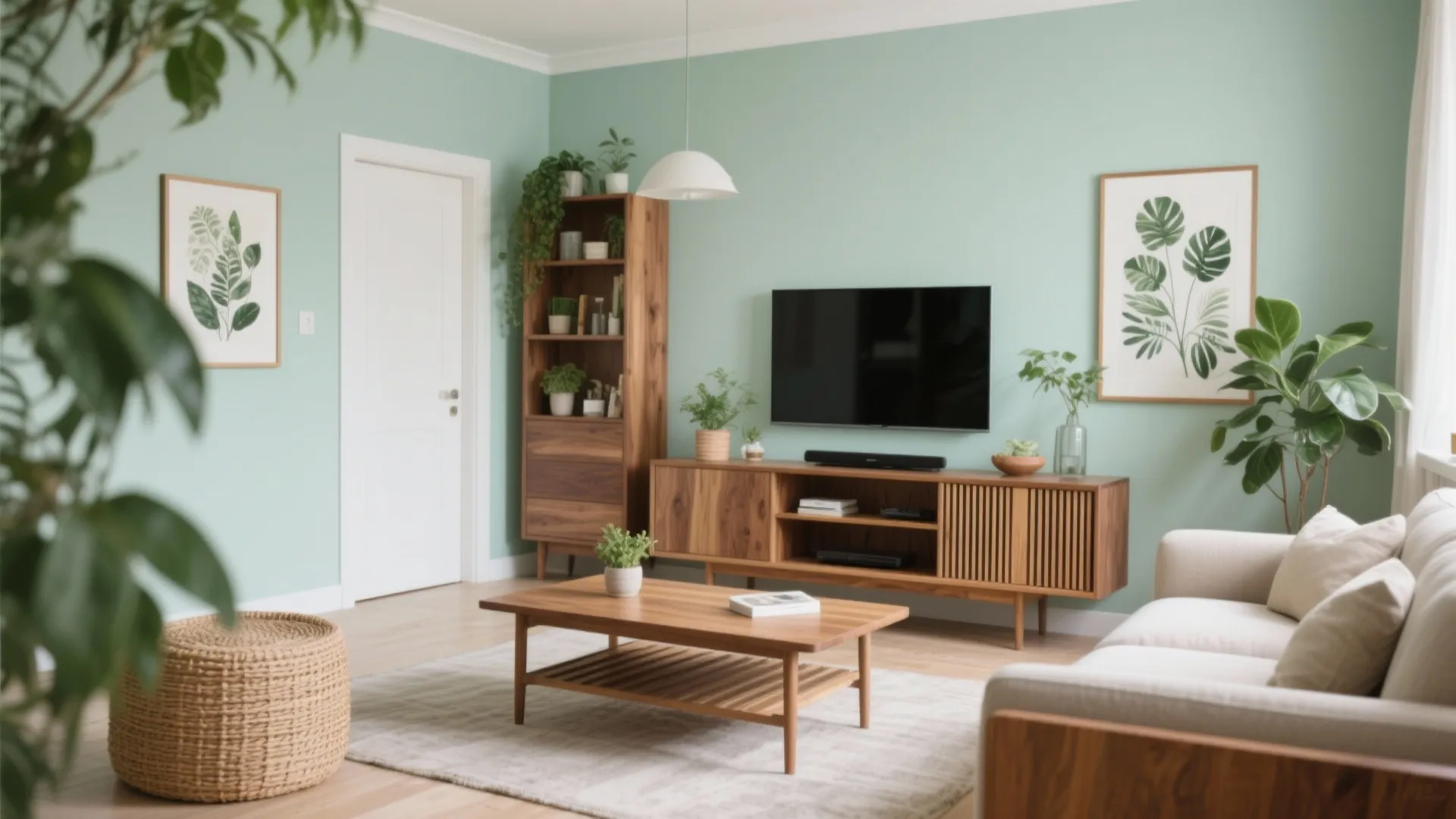 Living room with mint green walls wooden cabinet coffee table white sofa plants and television