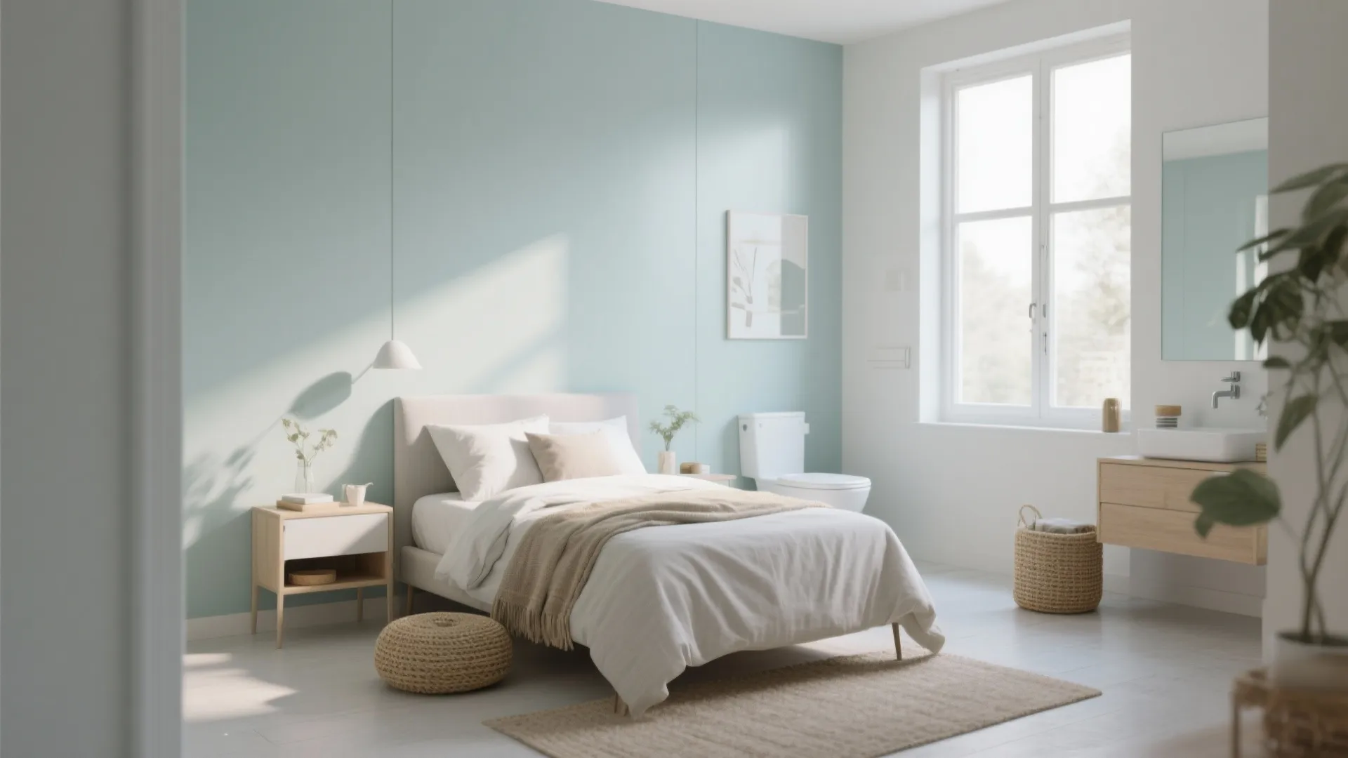 Light bedroom with mint green wall white bed wood side table sink and white windows
