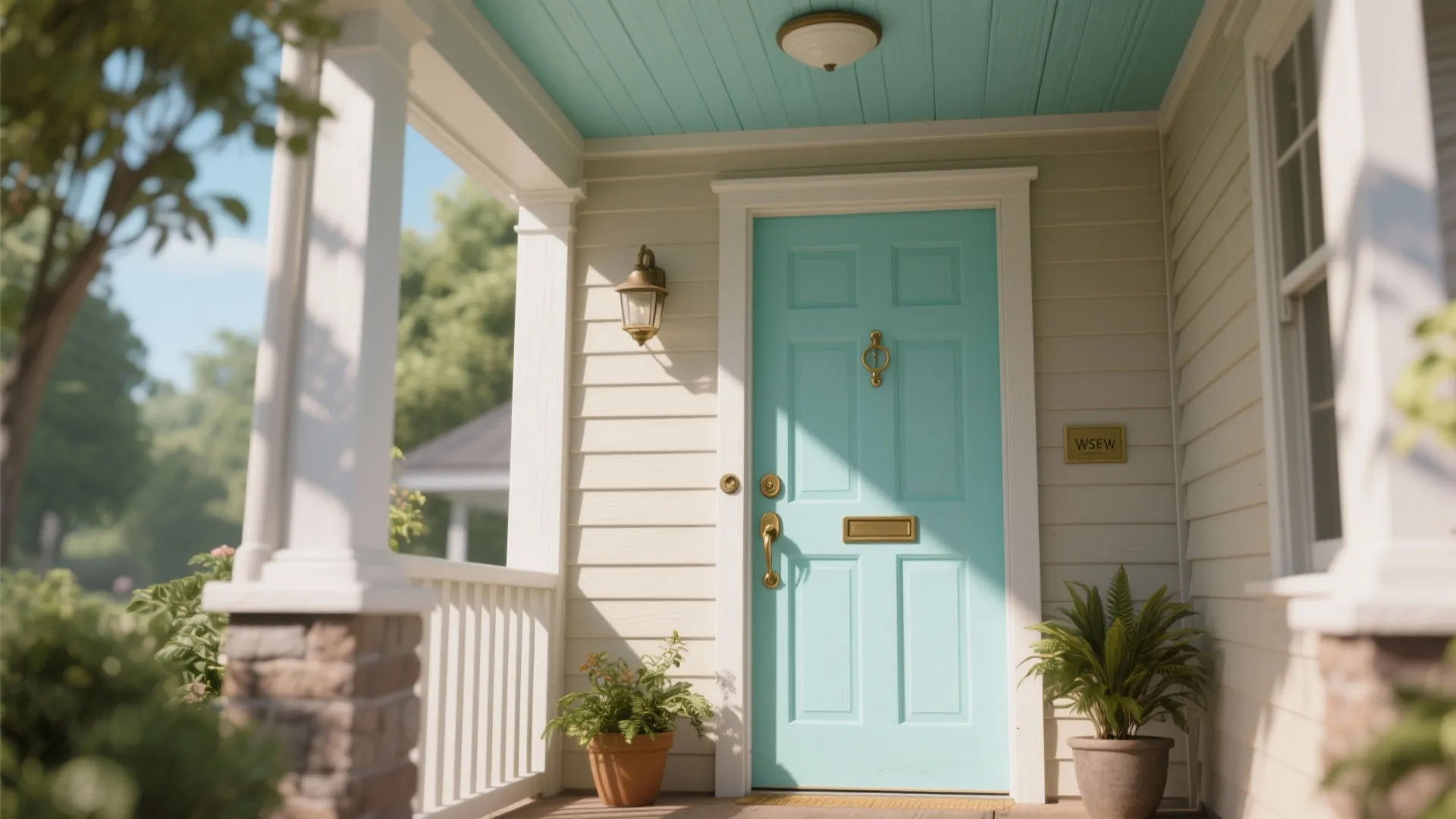 Light blue front door with gold handle and wall light on a white wood porch