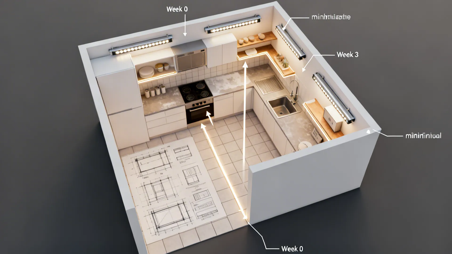 Top-down plan view showing phased POP installation with perimeters, troughs, bands, shelves, and lighting in an L-shaped small kitchen.