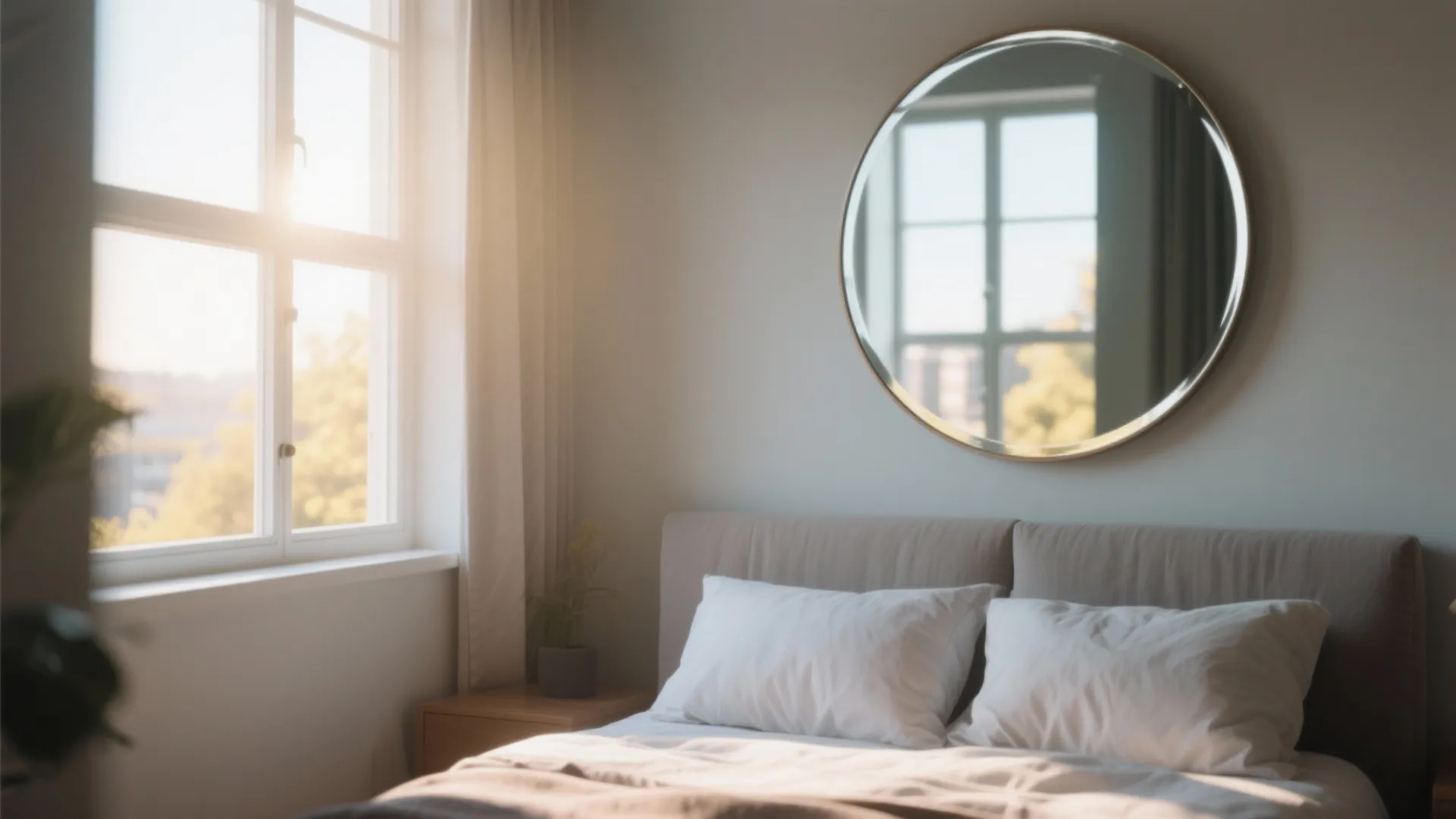 Modern bedroom with round mirror on wall above bed with white pillows and bright window