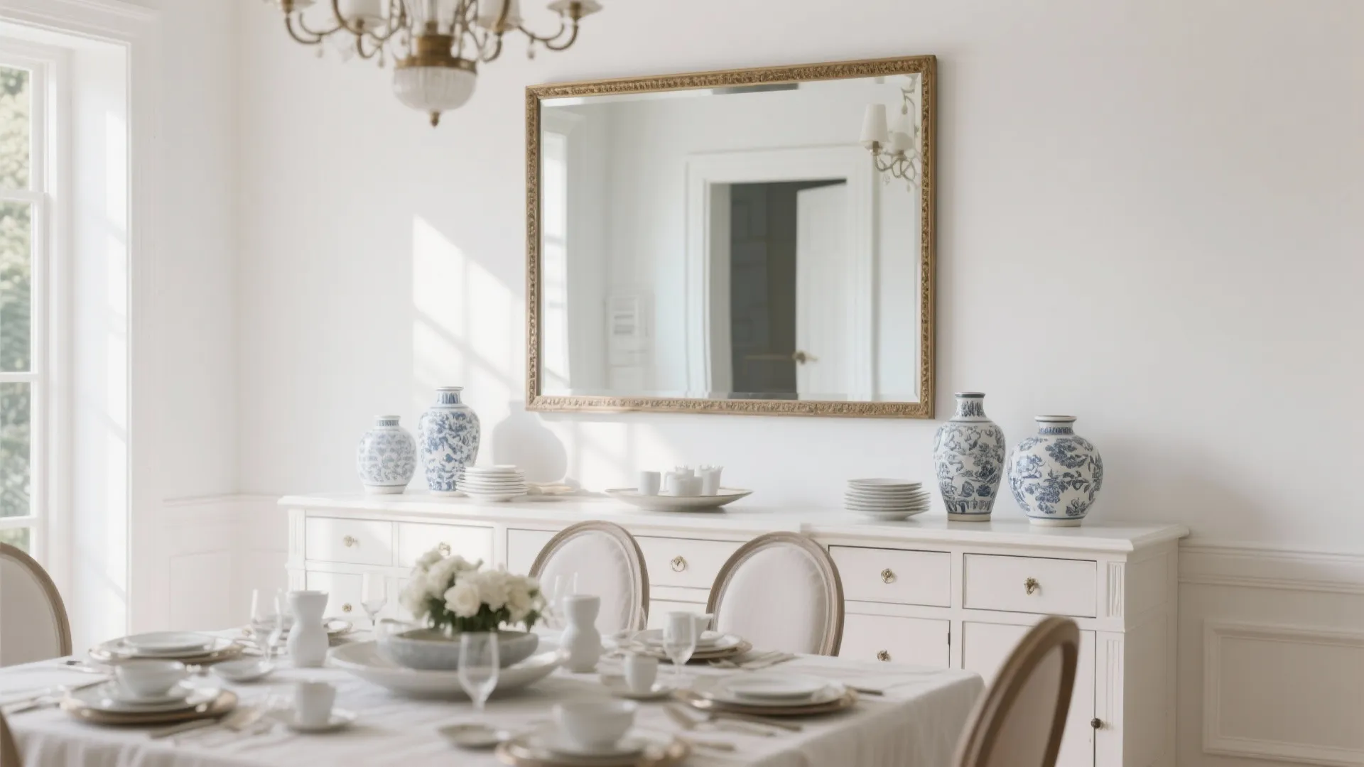 Elegant white dining room with large wall mirror above cabinet and blue patterned ceramic vases
