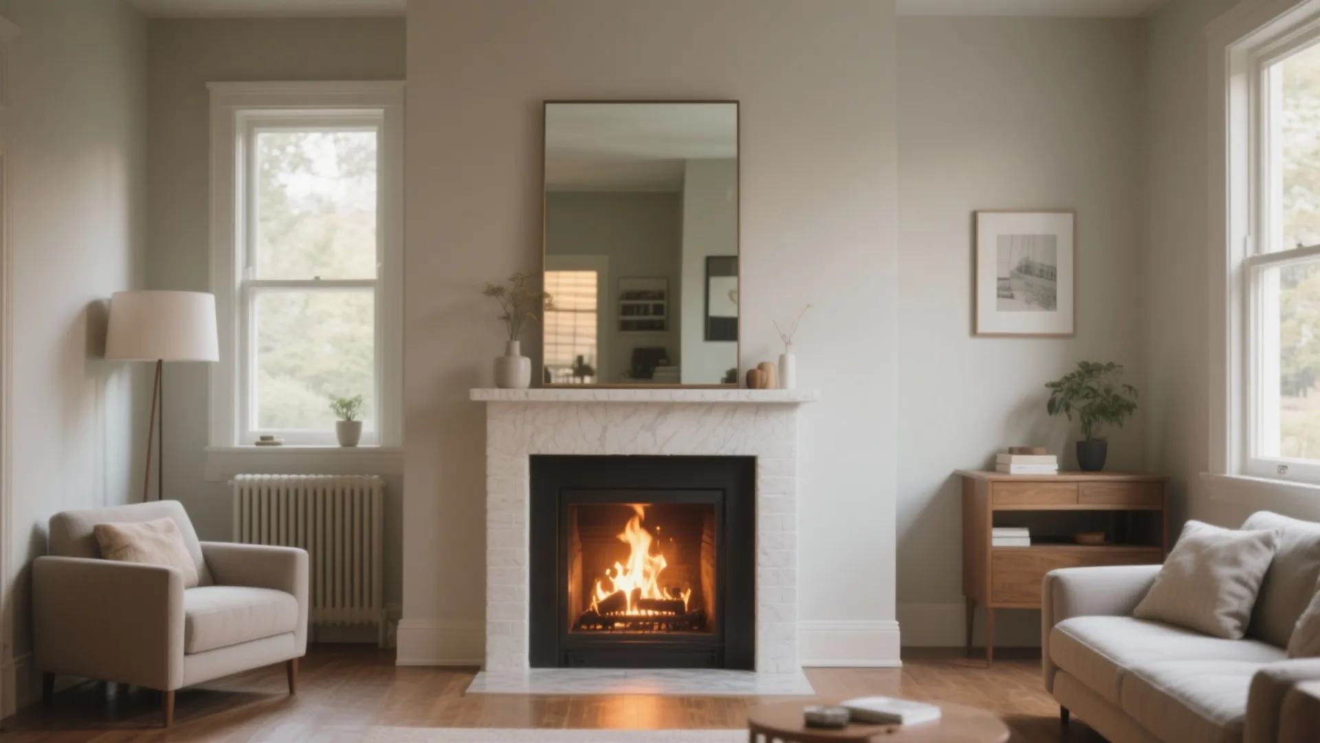 Bright living room featuring white marble fireplace large wall mirror comfortable chairs and natural light