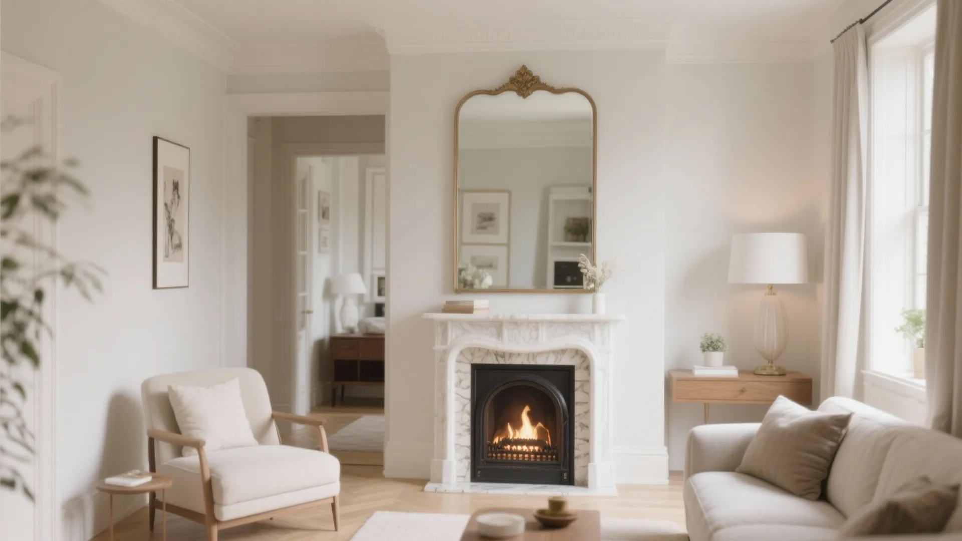 Oversized mirror reflecting light above a fireplace