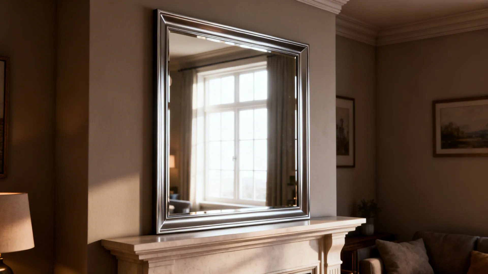 Oversized mirror above a mantel reflecting light to make the room feel larger.