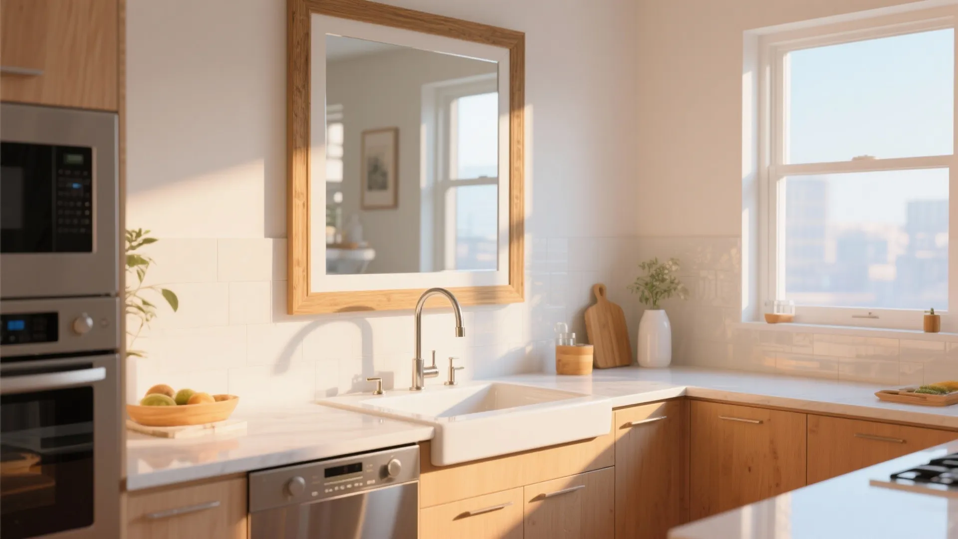Modern kitchen with wood cabinets white countertop large square mirror above sink and natural light