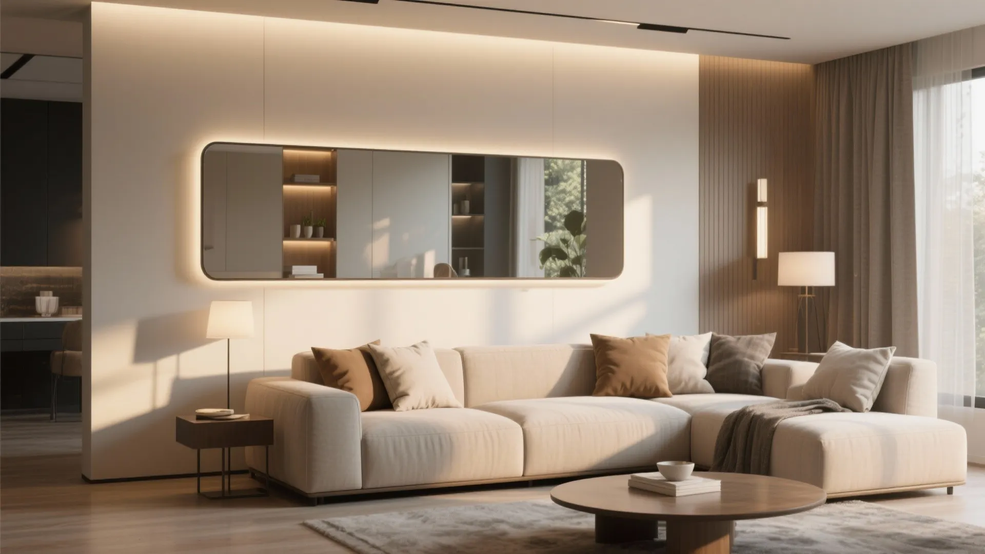 Wide rectangular mirror hanging above a modern sofa