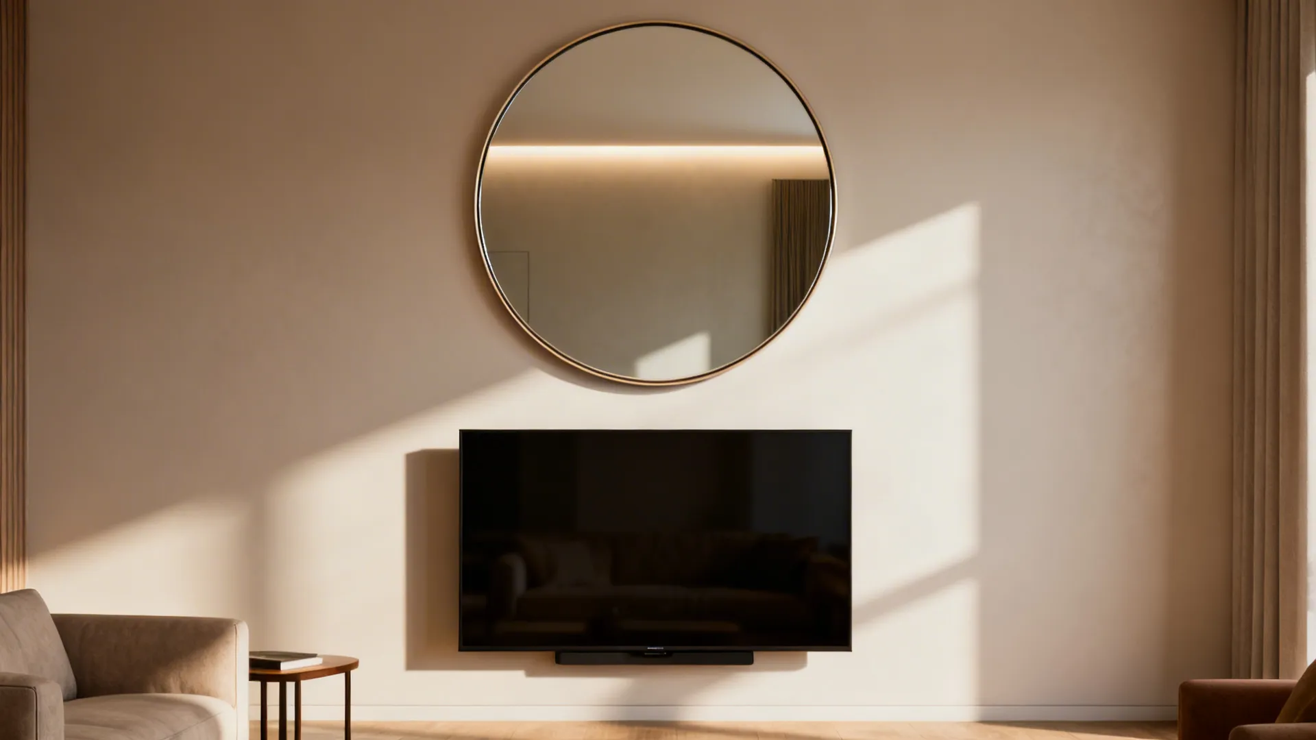 Minimalist living room design with large round mirror hanging above a wall mounted black television